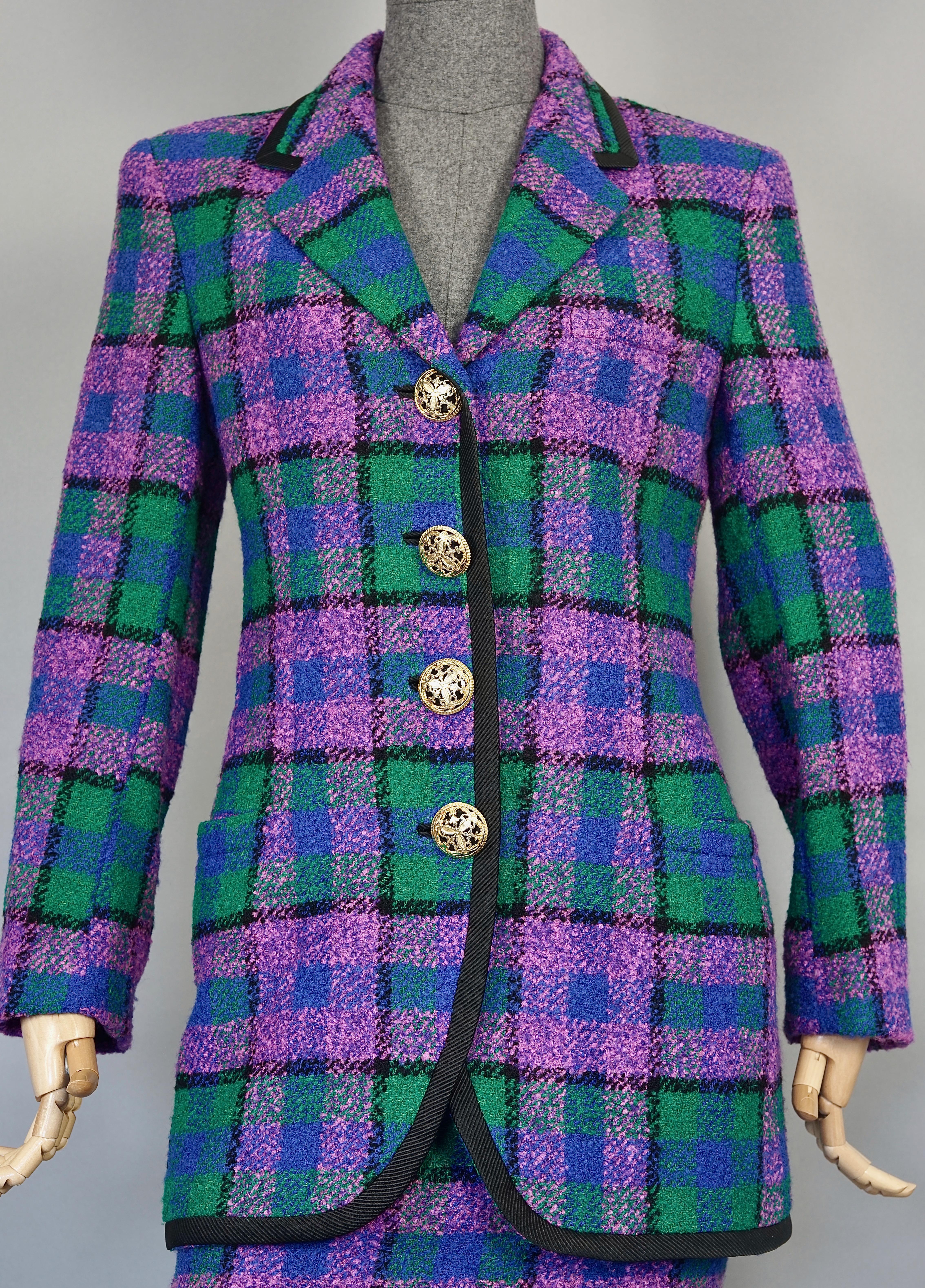 Purple Vintage 1991 A/W GIANNI VERSACE Couture Plaid Tartan Jacket Skirt Suit