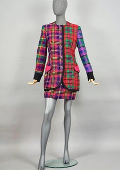 Vintage 1991 A/W GIANNI VERSACE Couture Plaid Tartan Patchwork Jacket Skirt Suit