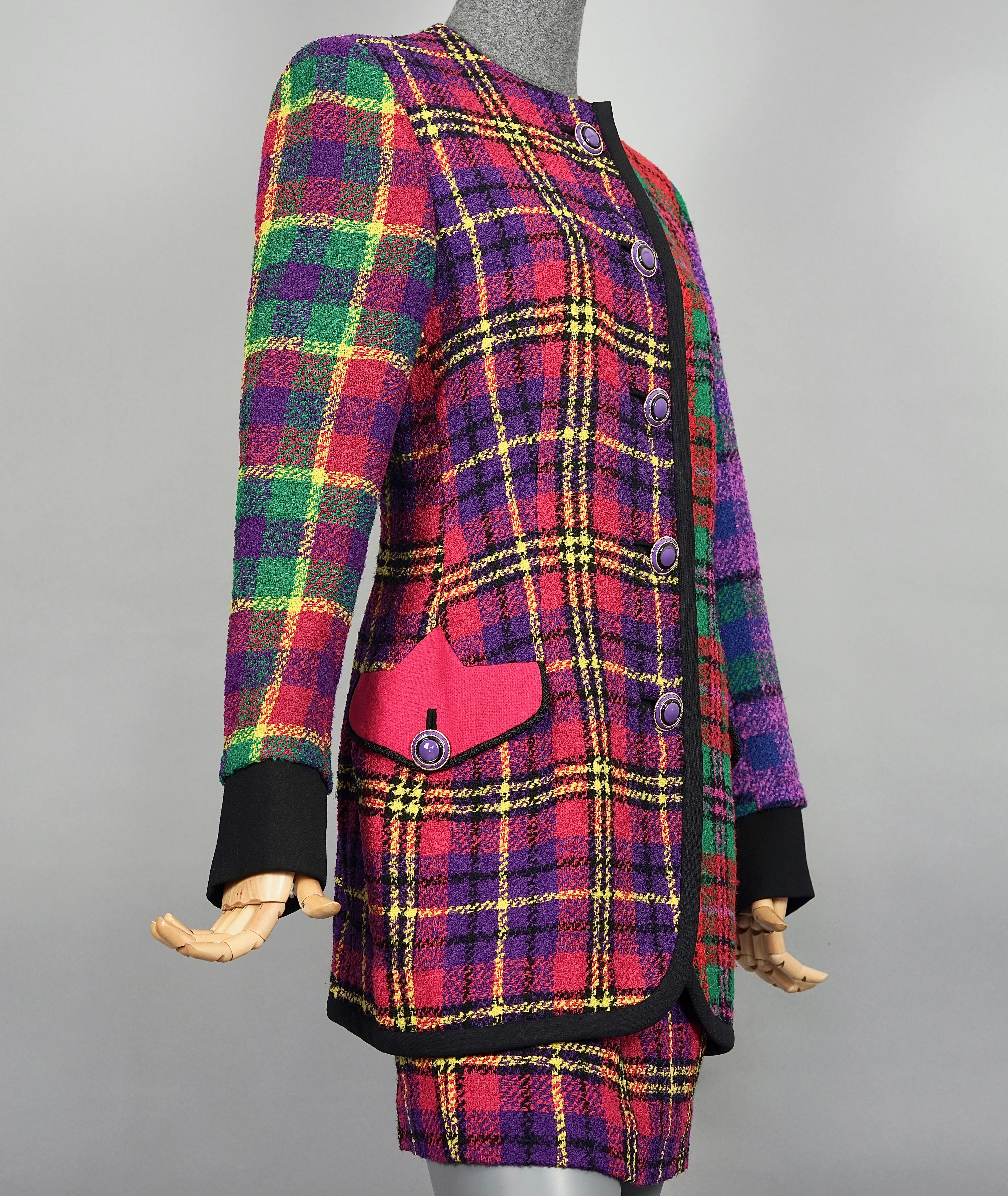 Black Vintage 1991 A/W GIANNI VERSACE Couture Plaid Tartan Patchwork Jacket Skirt Suit For Sale