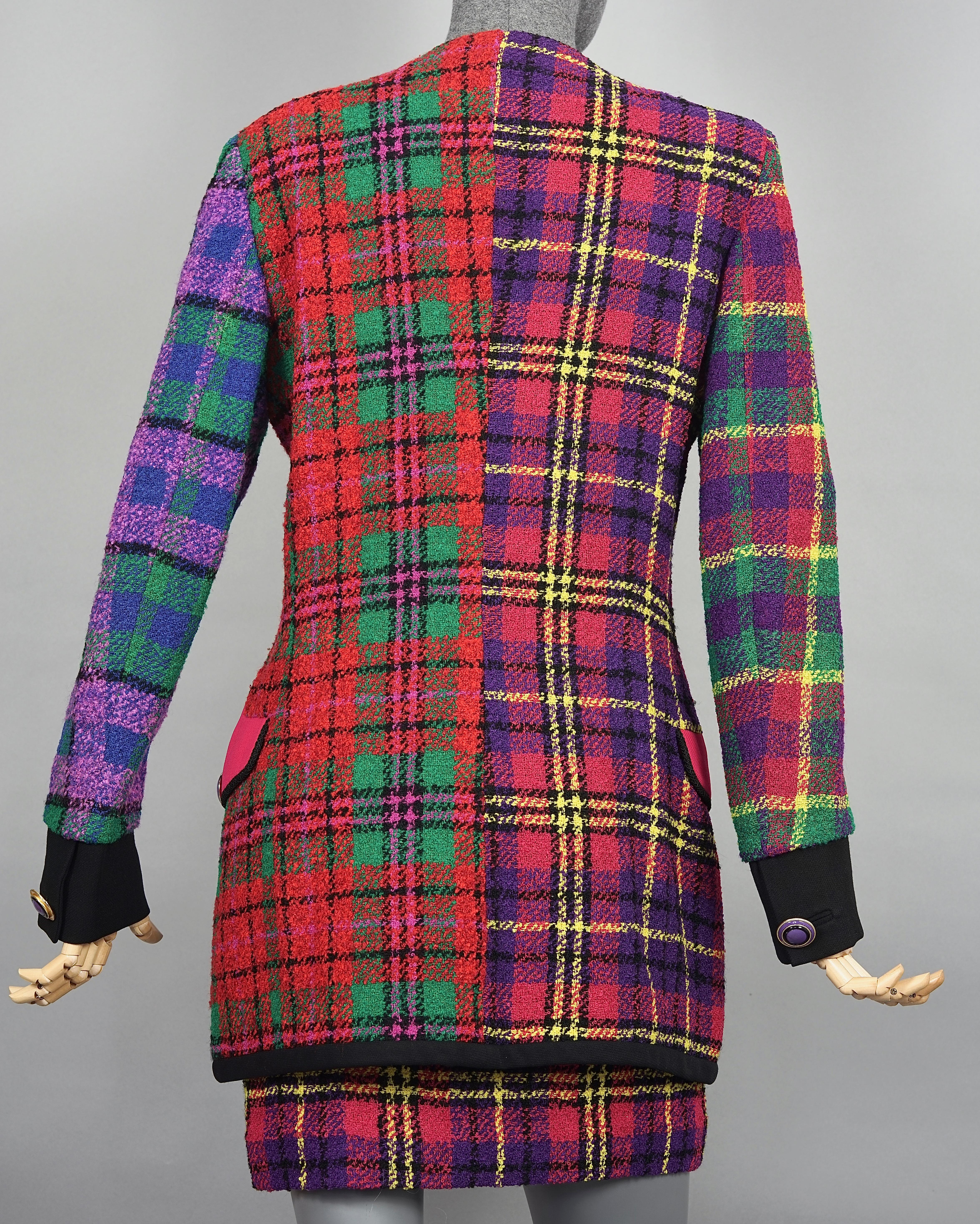 Women's Vintage 1991 A/W GIANNI VERSACE Couture Plaid Tartan Patchwork Jacket Skirt Suit For Sale