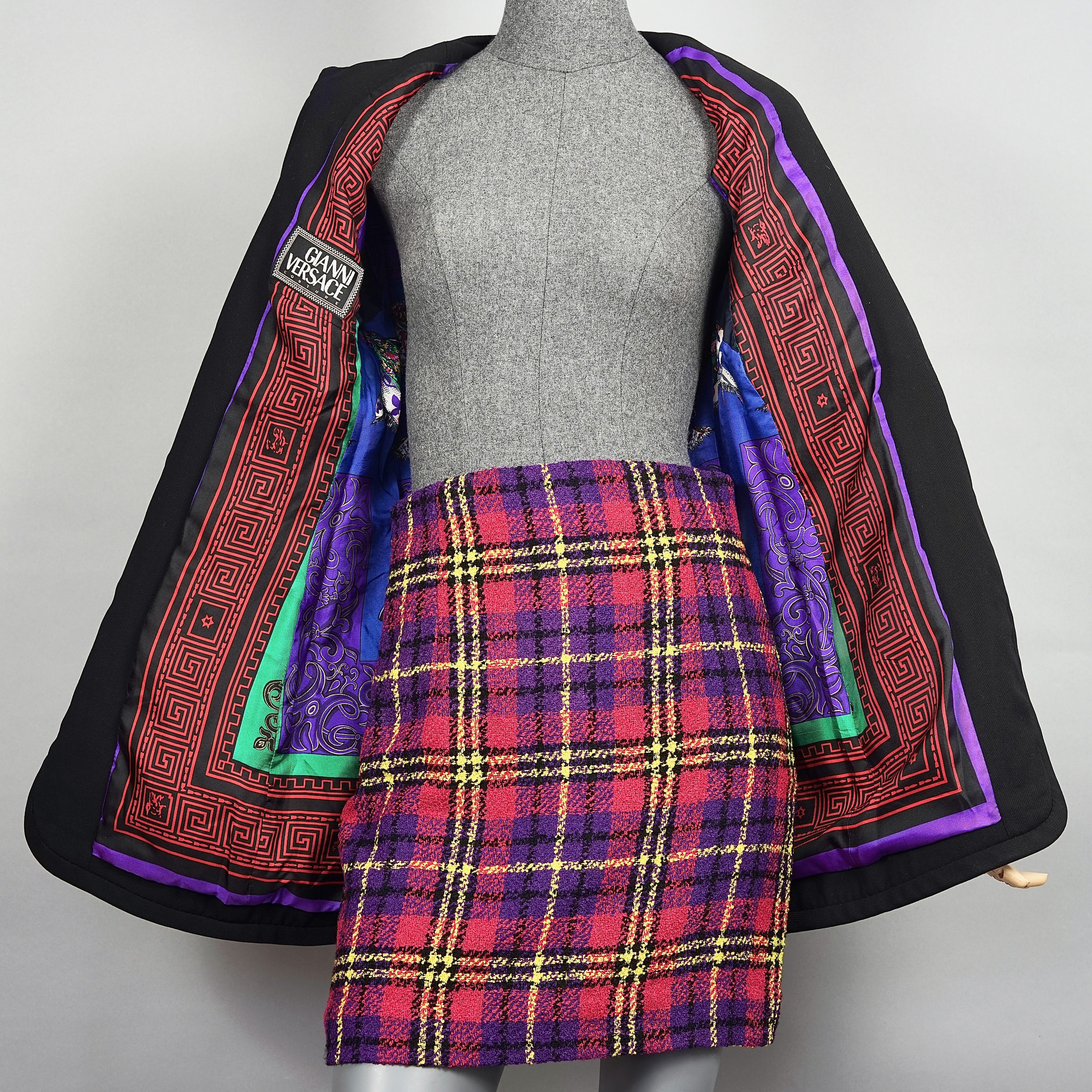 Vintage 1991 A/W GIANNI VERSACE Couture Plaid Tartan Patchwork Jacket Skirt Suit For Sale 1