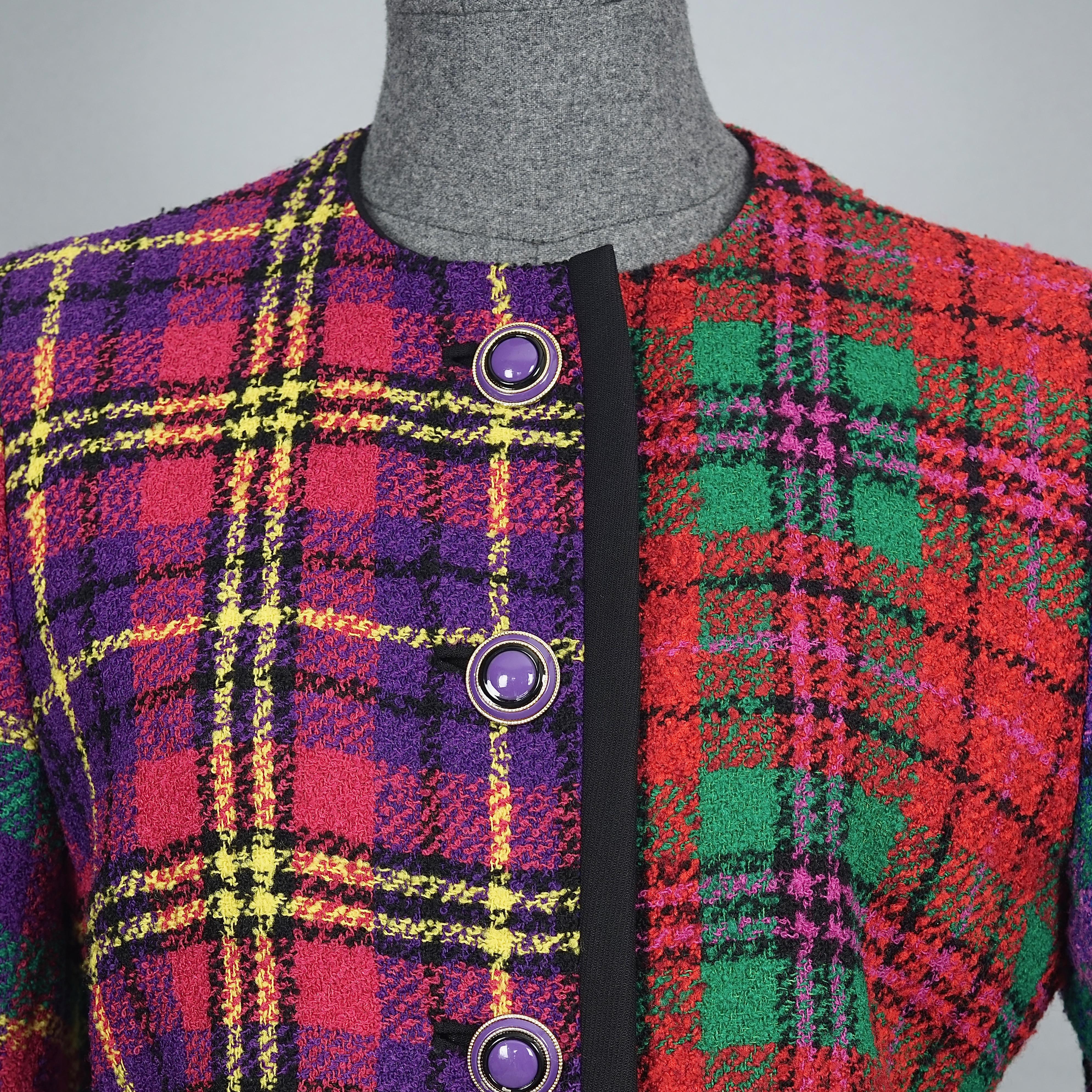 Vintage 1991 A/W GIANNI VERSACE Couture Plaid Tartan Patchwork Jacket Skirt Suit For Sale 2