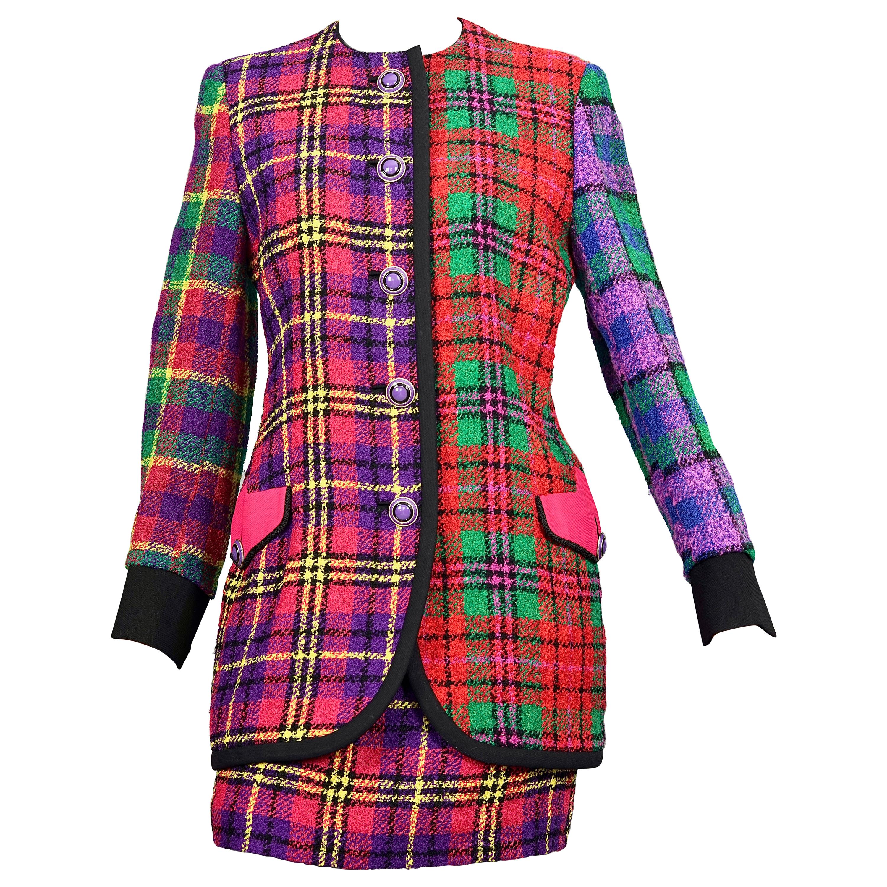 Vintage 1991 A/W GIANNI VERSACE Couture Plaid Tartan Patchwork Jacket Skirt Suit For Sale