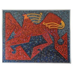 Vintage 1991 Abstract Red & Blue Horse Painting