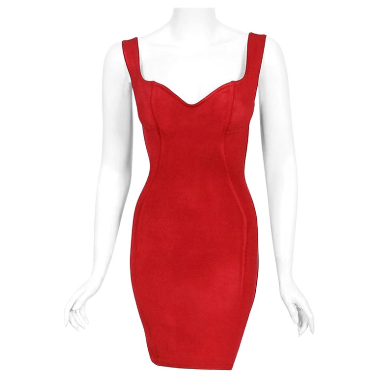 Vintage 1991 Azzedine Alaia Documented Runway Red Bustier Bodycon Mini Dress