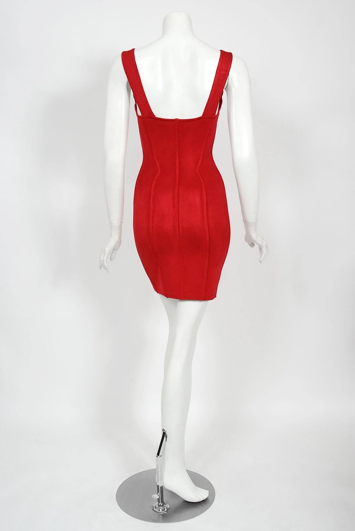 Vintage 1991 Azzedine Alaia Documented Runway Red Bustier Bodycon Mini Dress 4