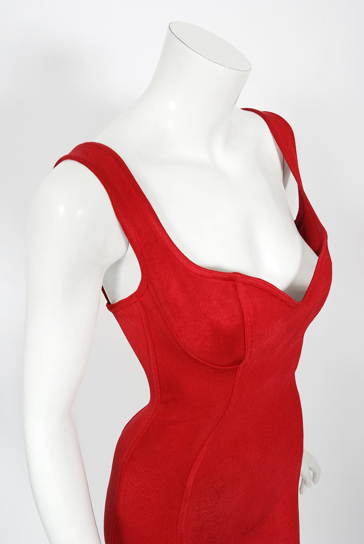 Vintage 1991 Azzedine Alaia Documented Runway Red Bustier Bodycon Mini Dress  1