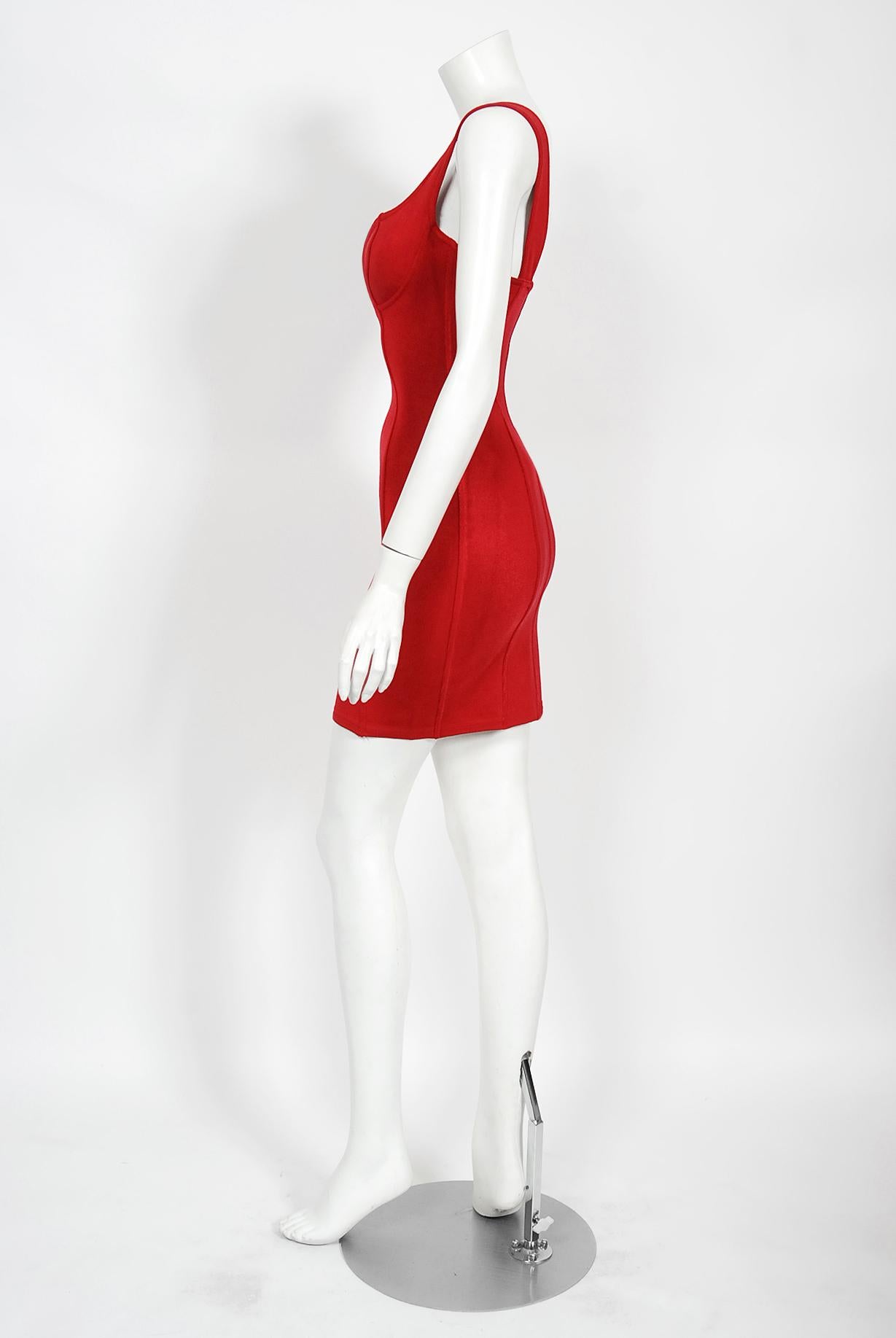 Vintage 1991 Azzedine Alaia Documented Runway Red Bustier Bodycon Mini Dress  2