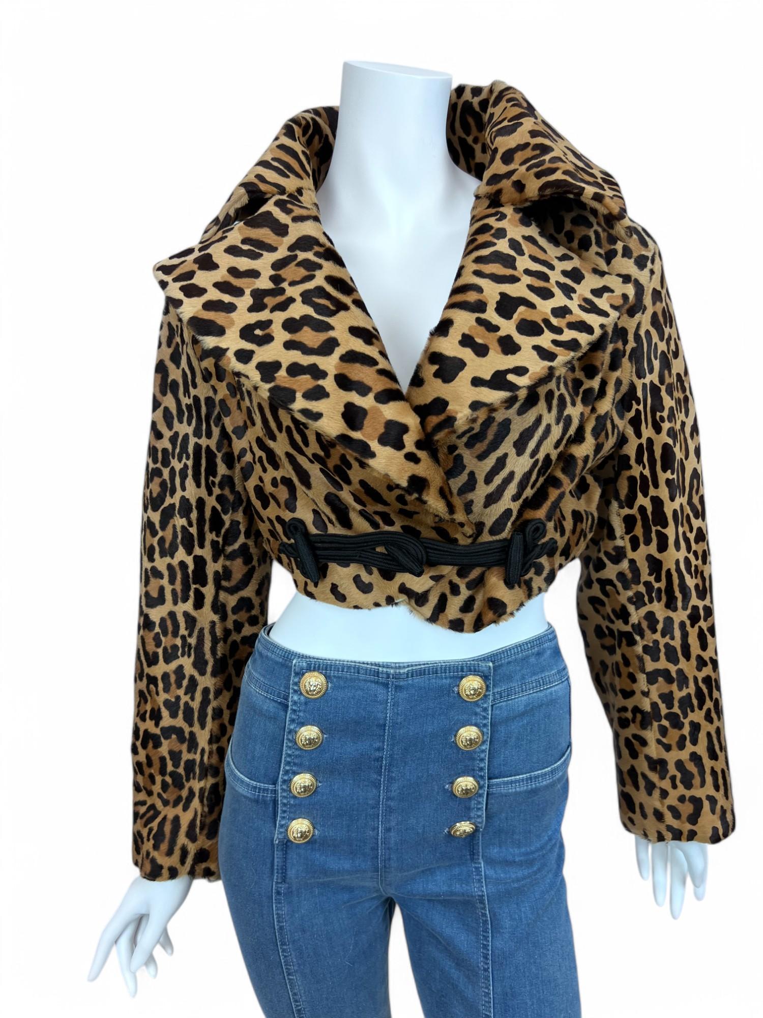 Black Vintage 1991 Azzedine Alaïa Leopard Calf Leather Cropped Jacket Sz: 38 For Sale
