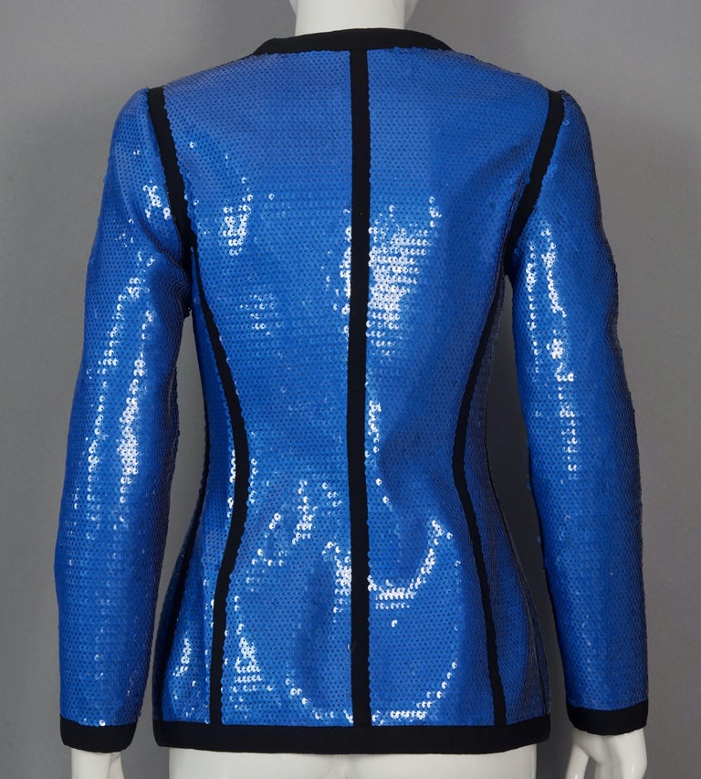 Vintage 1991 CHANEL Blue Sequin Scuba Jacket For Sale 1