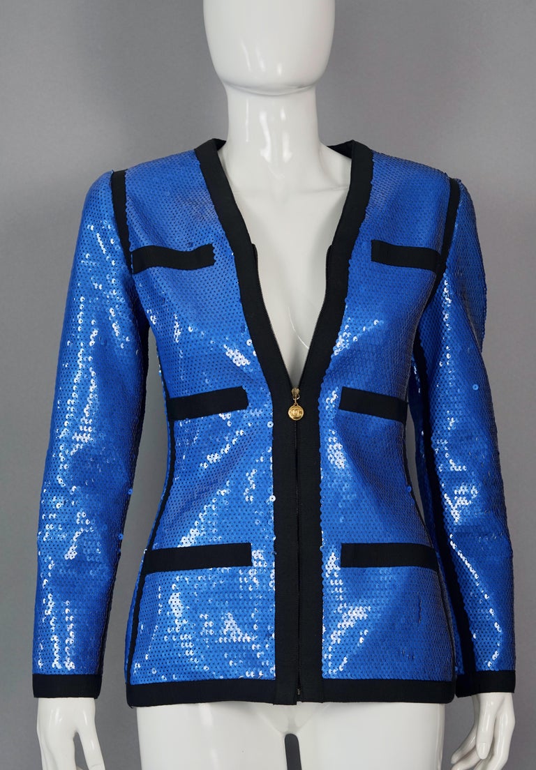 Vintage 1991 CHANEL Blue Sequin Scuba Jacket For Sale 2
