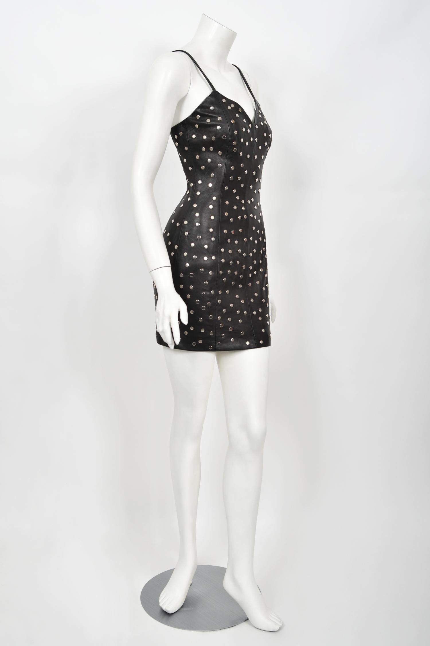 Vintage 1991 Dolce & Gabbana Documented Runway Studded Black Leather Mini Dress en vente 7
