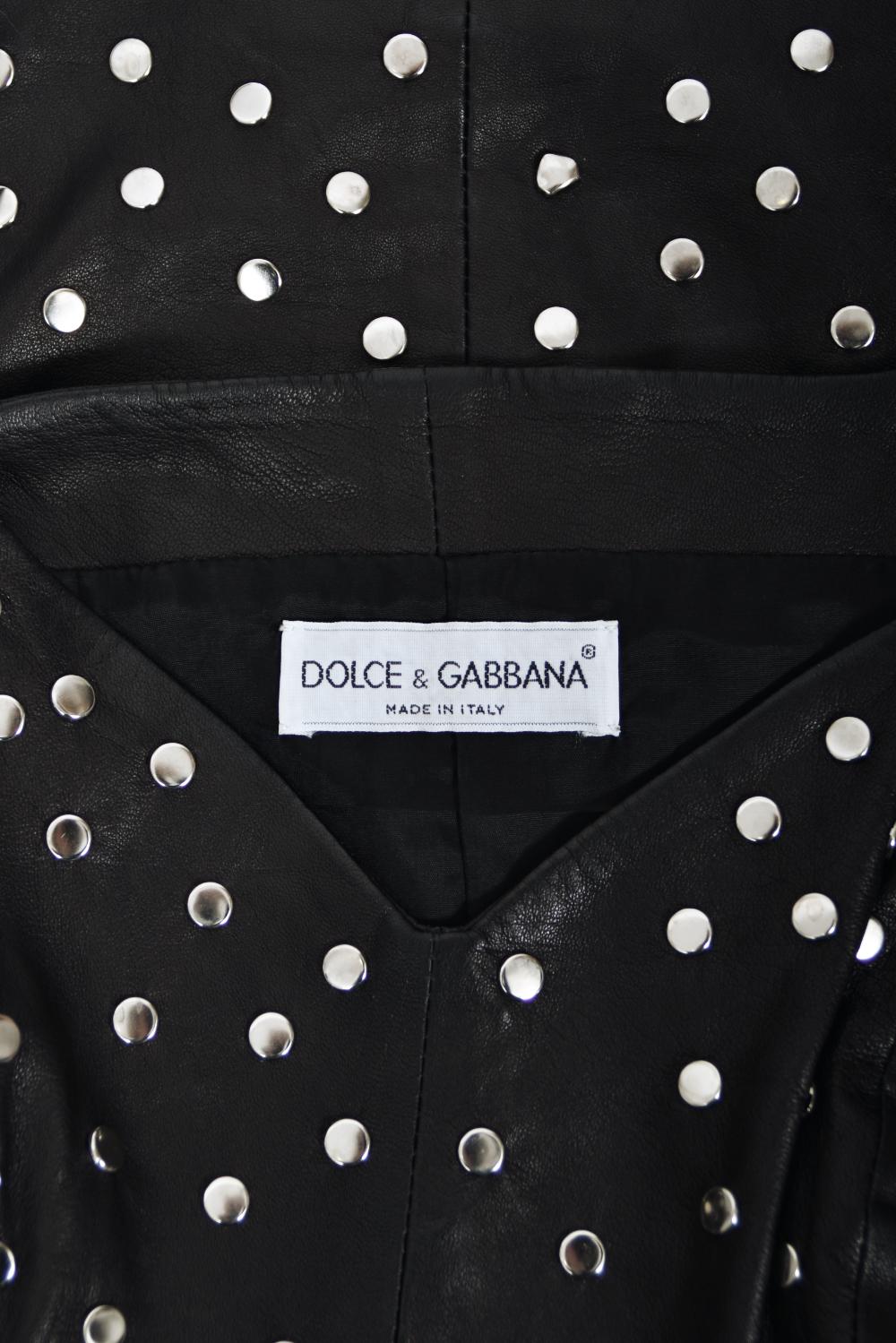 Vintage 1991 Dolce & Gabbana Documented Runway Studded Black Leather Mini Dress For Sale 12