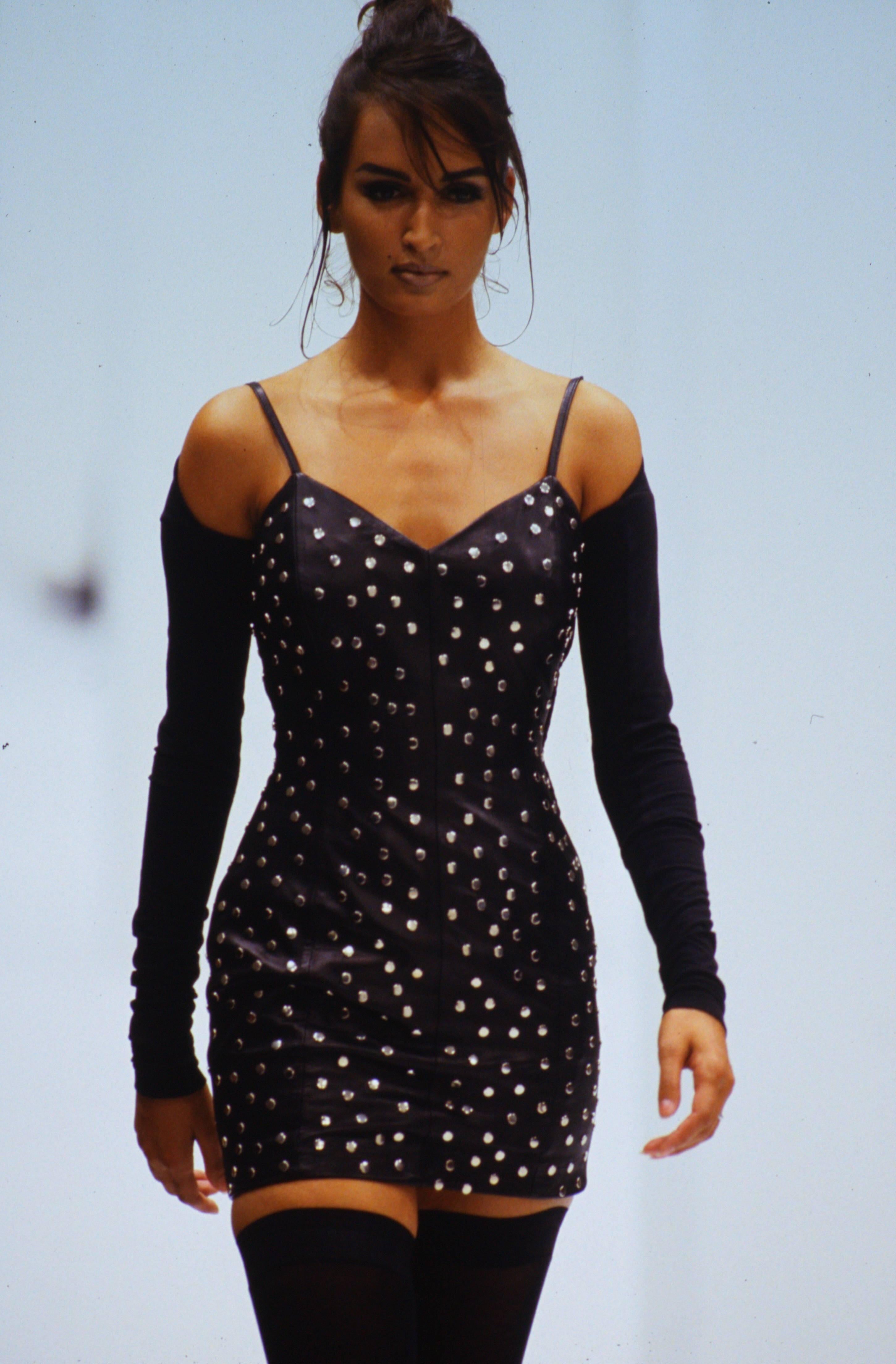 Vintage 1991 Dolce & Gabbana Documented Runway Studded Black Leather Mini Dress In Good Condition In Beverly Hills, CA