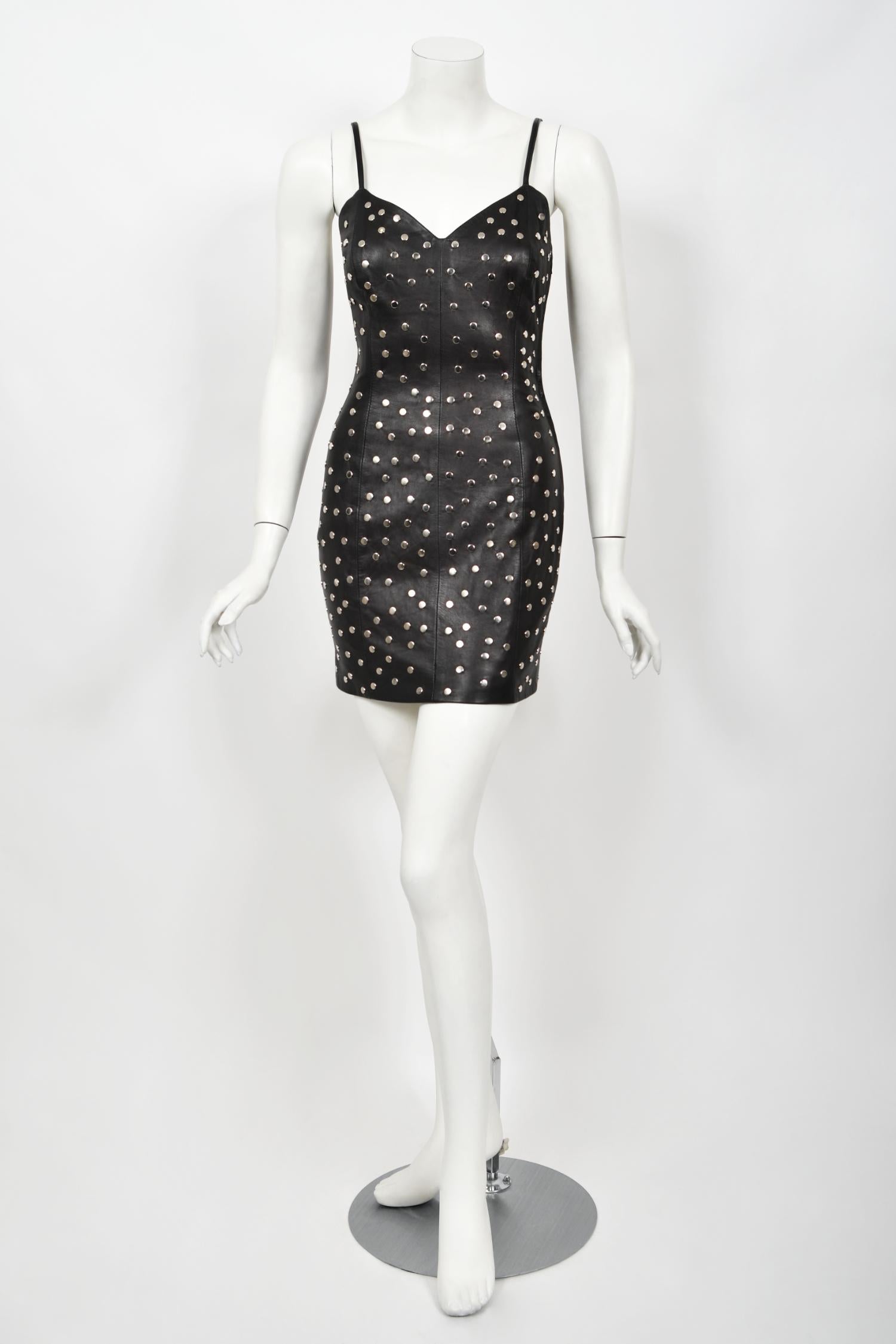 Vintage 1991 Dolce & Gabbana Documented Runway Studded Black Leather Mini Dress Pour femmes en vente