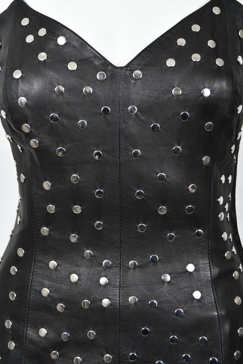 Vintage 1991 Dolce & Gabbana Documented Runway Studded Black Leather Mini Dress en vente 2