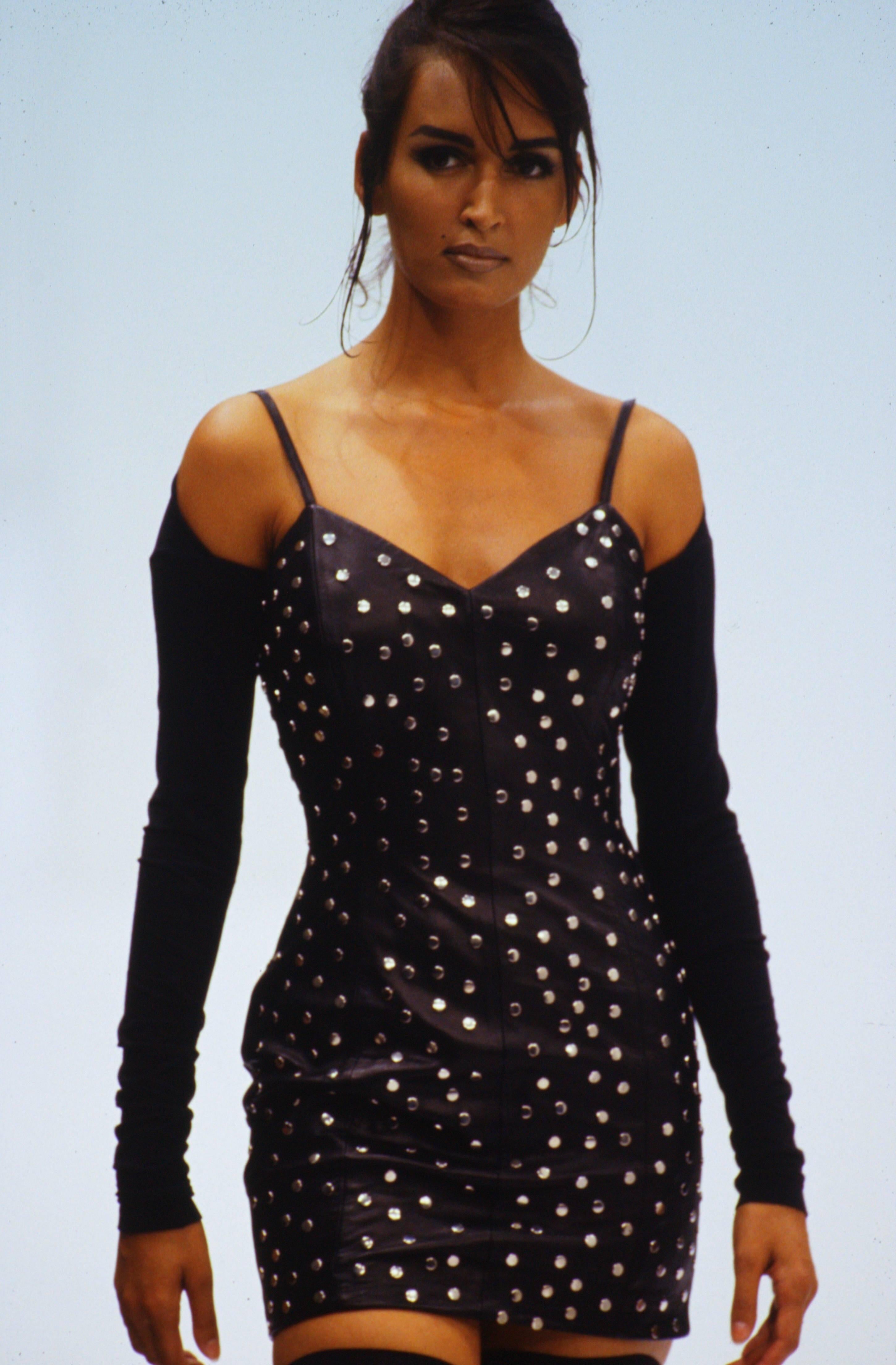 Vintage 1991 Dolce & Gabbana Documented Runway Studded Black Leather Mini Dress For Sale 3