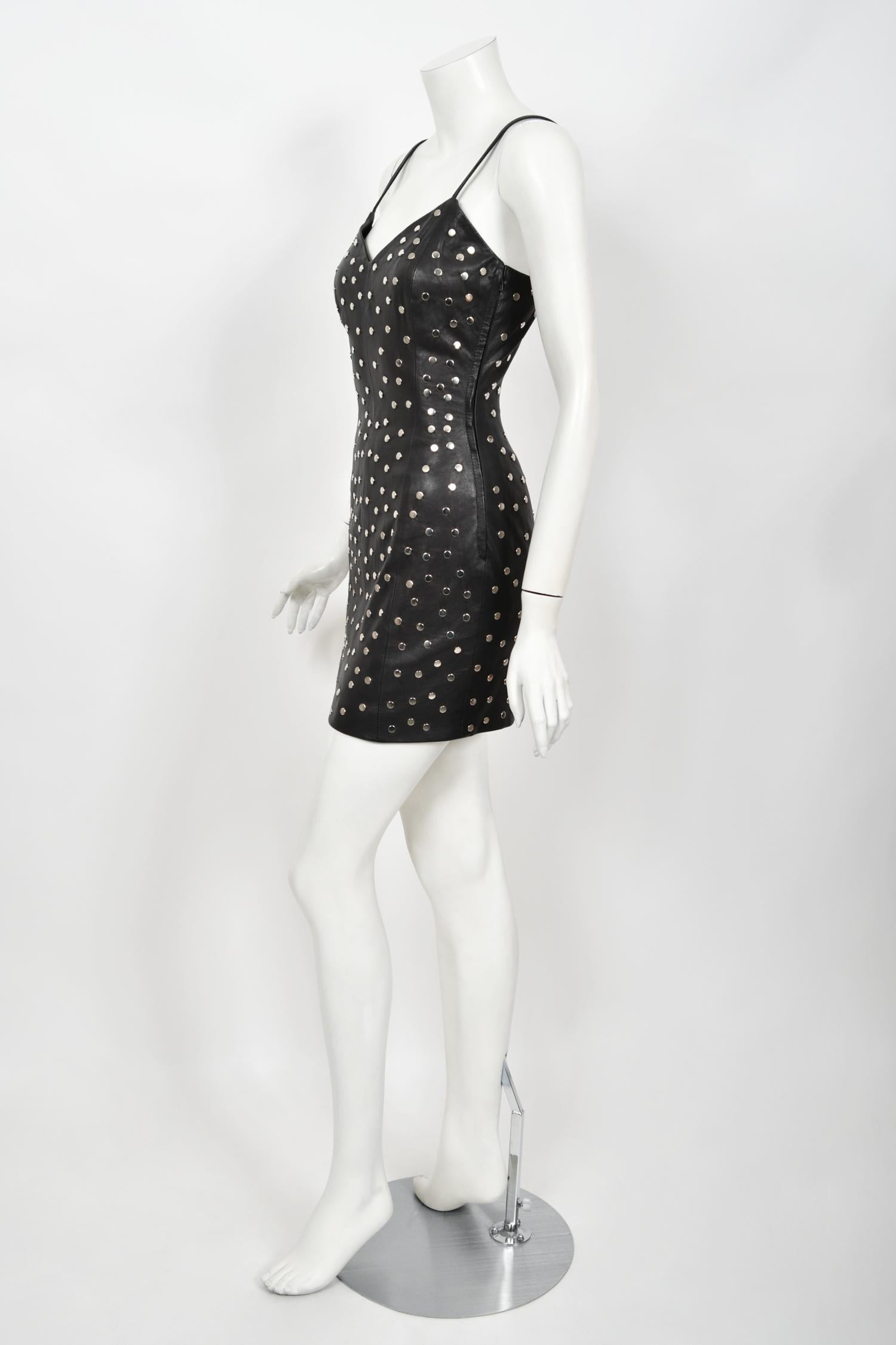 Vintage 1991 Dolce & Gabbana Documented Runway Studded Black Leather Mini Dress For Sale 4