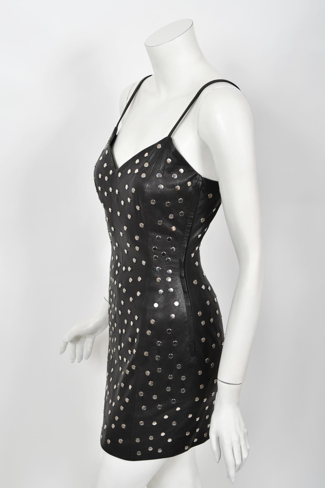 Vintage 1991 Dolce & Gabbana Documented Runway Studded Black Leather Mini Dress For Sale 5