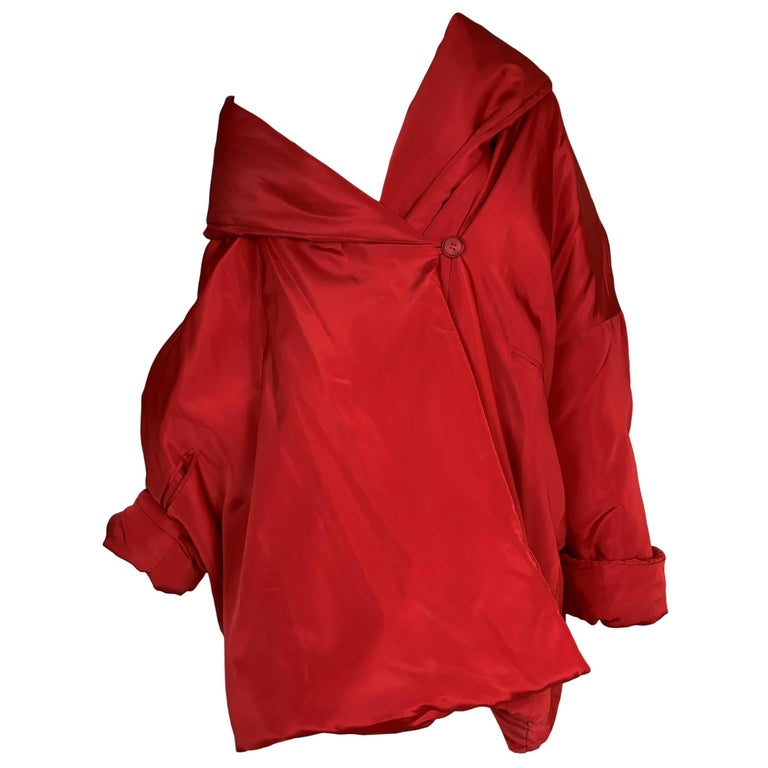 Vintage 1991 Dolce & Gabbana Red Satin Puffy Opera Coat Jacket For Sale