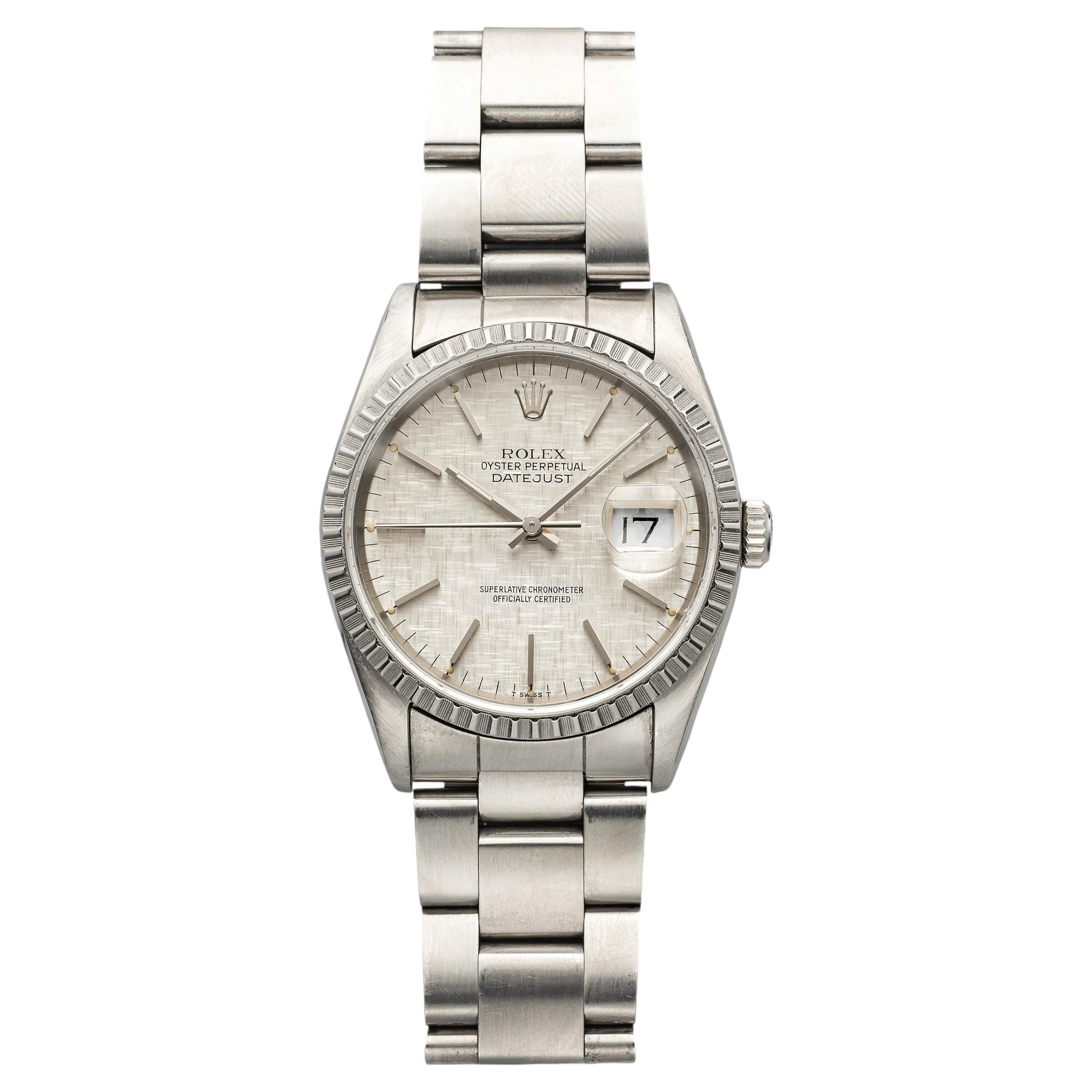Vintage Rolex Datejust 16220 aus dem Jahr 1991, Steele, silbernes Zifferblatt mit Leinenmuster, Automatikwerk, 36 mm
