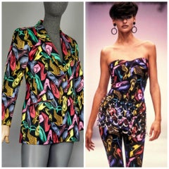 Vintage 1991 SALVATORE FERRAGAMO Mehrfarbige Blazerjacke mit Schuhdruck