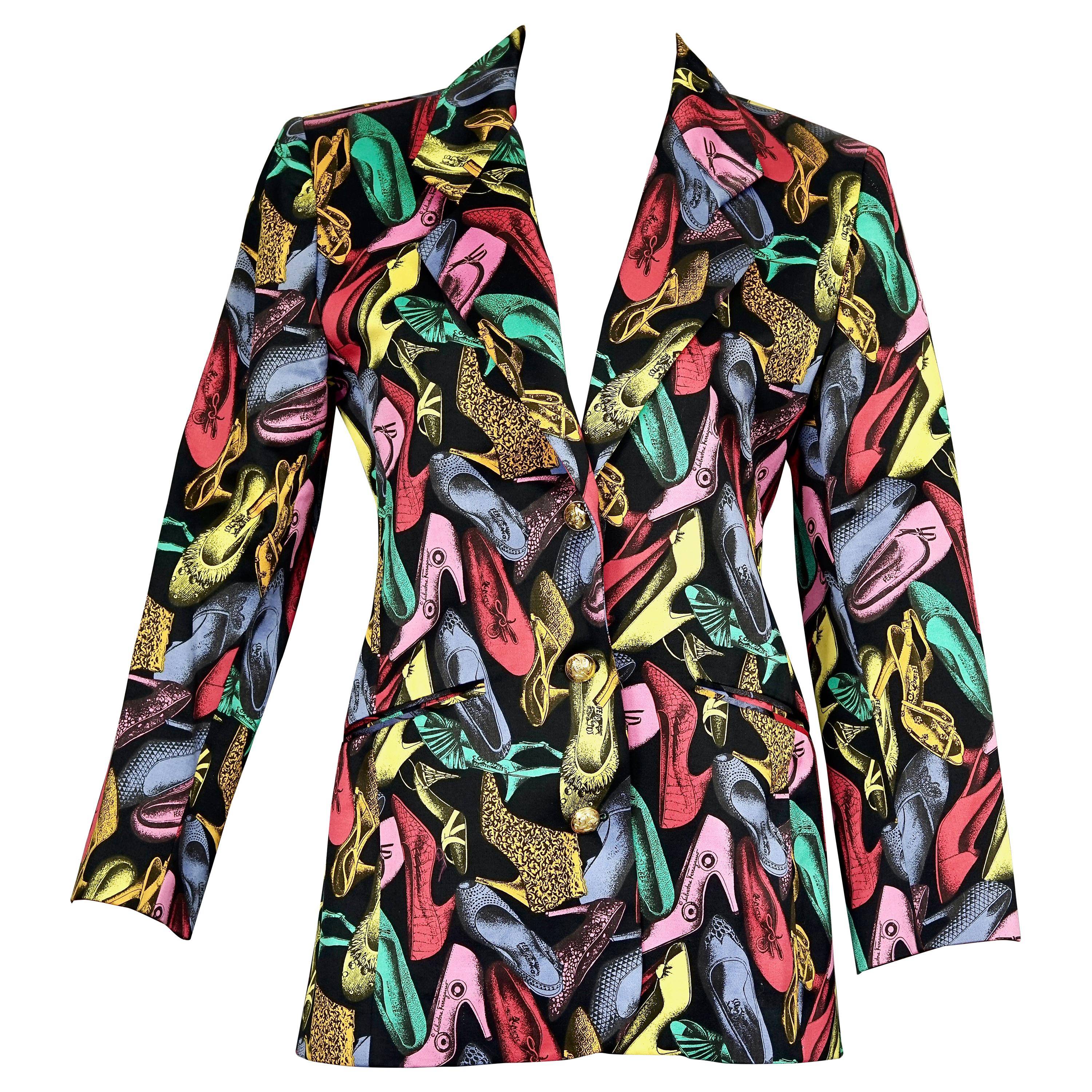 Vintage 1991 SALVATORE FERRAGAMO Multicolor Shoe Print Blazer Jacket For Sale