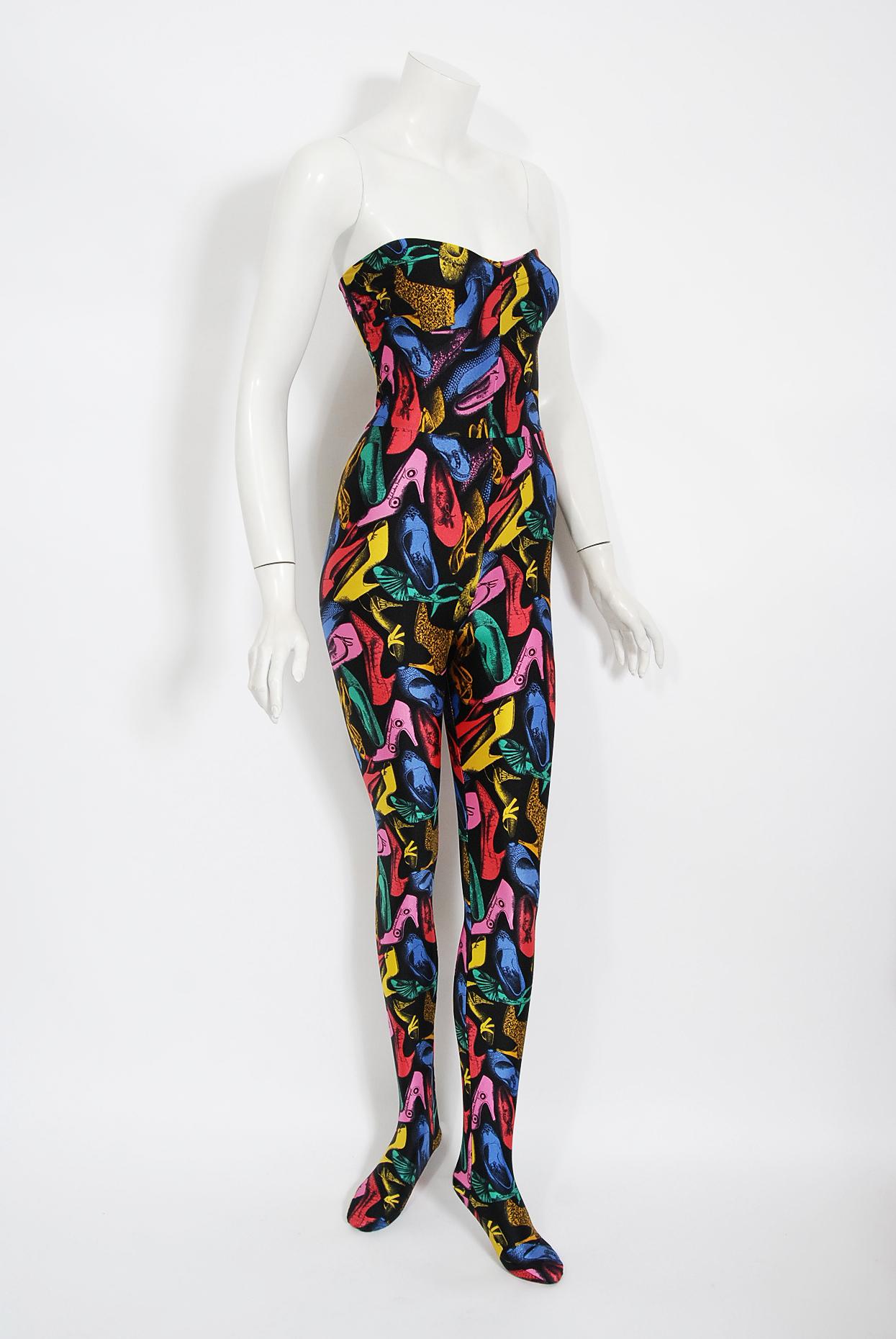 A rare and super sexy Salvatore Ferragamo designer colorful high-heel shoe print catsuit from his spring-summer 1991 collection. Supermodel Linda Evangelista famously walked the runway in the identical piece. The stretch lycra jumpsuit features a