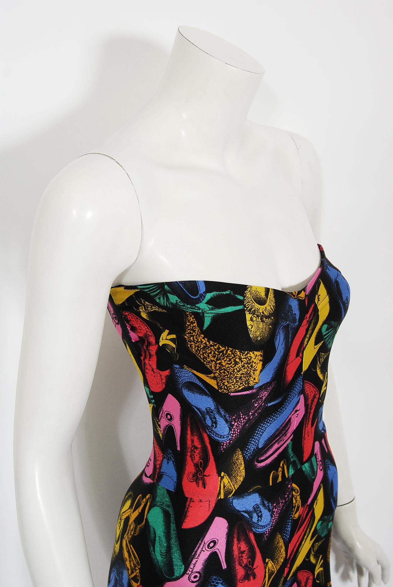 Vintage 1991 Ferragamo Runway Novelty Shoe Print Strapless Stretch Lycra Catsuit In Good Condition In Beverly Hills, CA