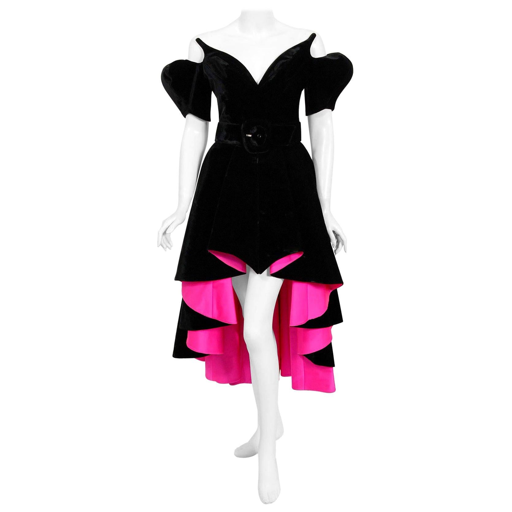 Vintage 1991 Thierry Mugler Runway Black Velvet Fuchsia-Pink Silk High Low Gown