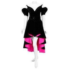Vintage 1991 Thierry Mugler Runway Black Velvet Fuchsia-Pink Silk High Low Gown