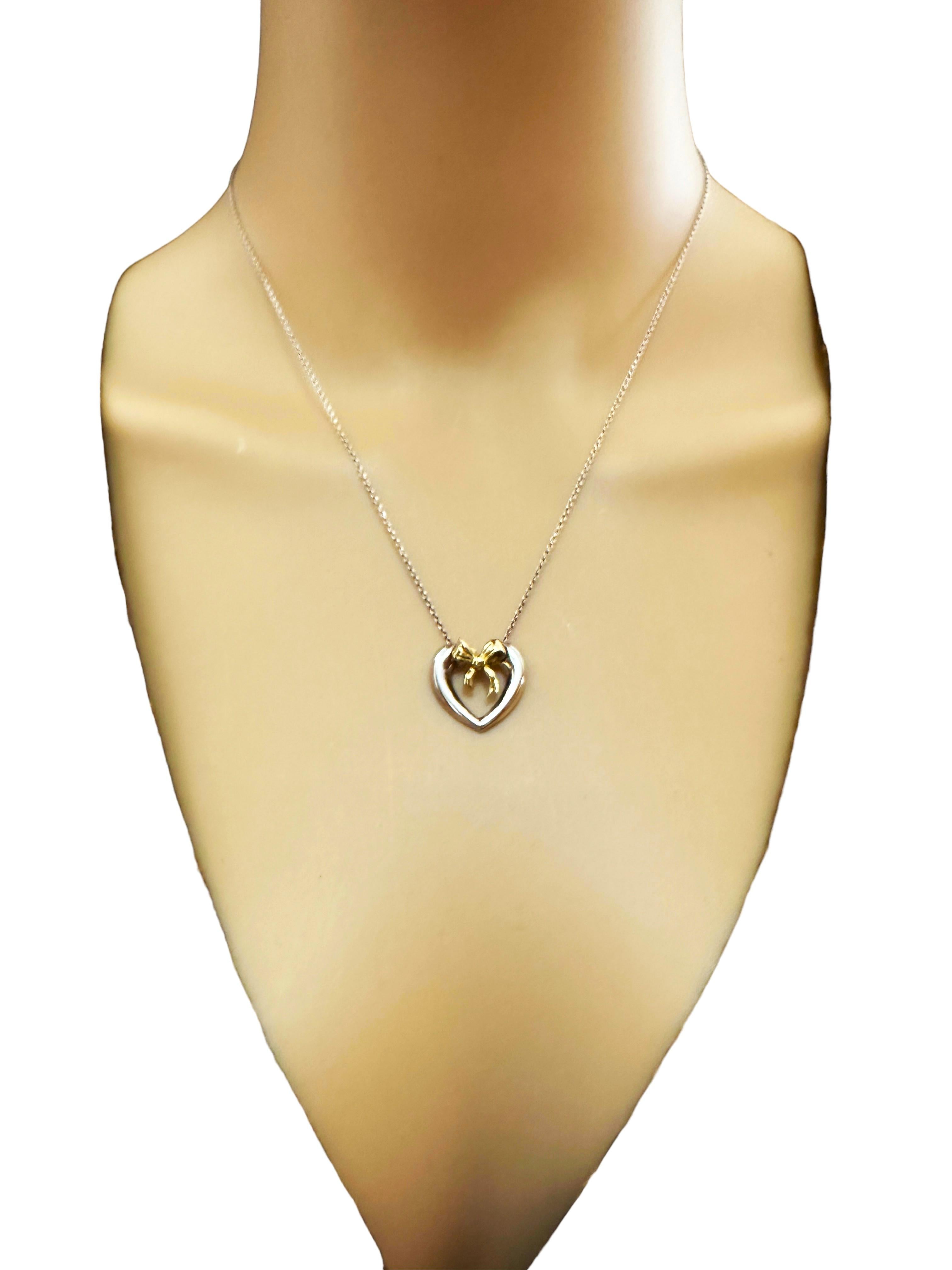 Art Deco Vintage 1991 Tiffany & Co. 18K Gold Bow Sterling Silver Heart Necklace