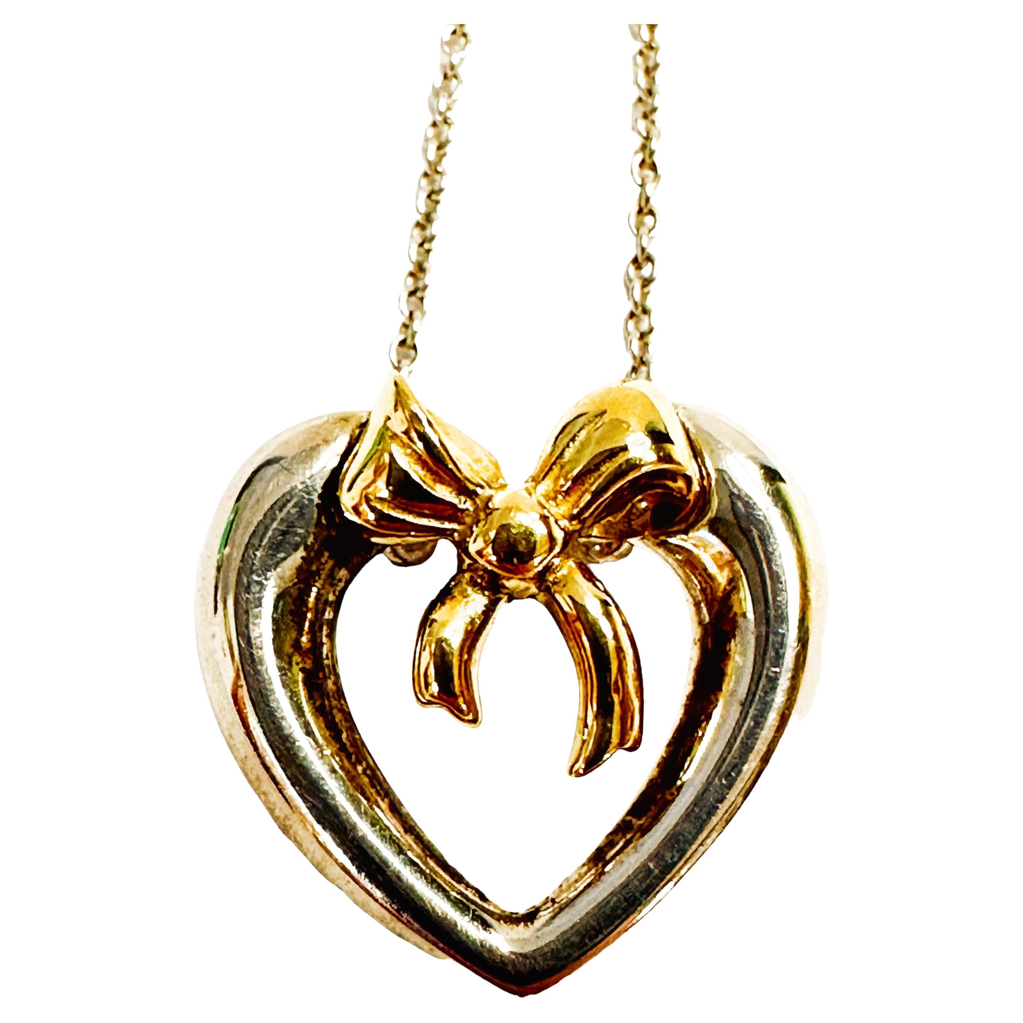 Vintage 1991 Tiffany & Co. 18K Gold Bow Sterling Silver Heart Necklace
