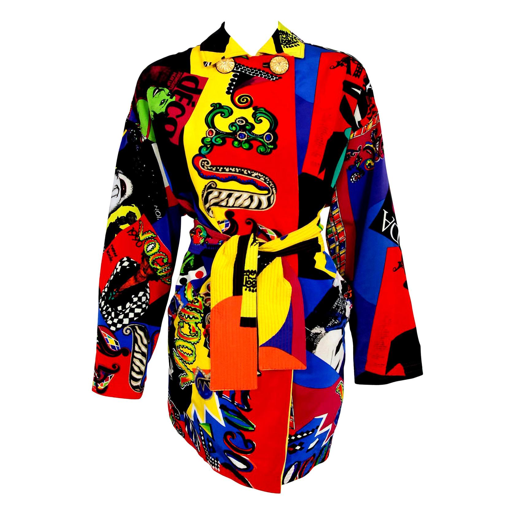 Vintage 1991 Versace Couture Colorful Vogue Print Reversible Belted Trench Coat