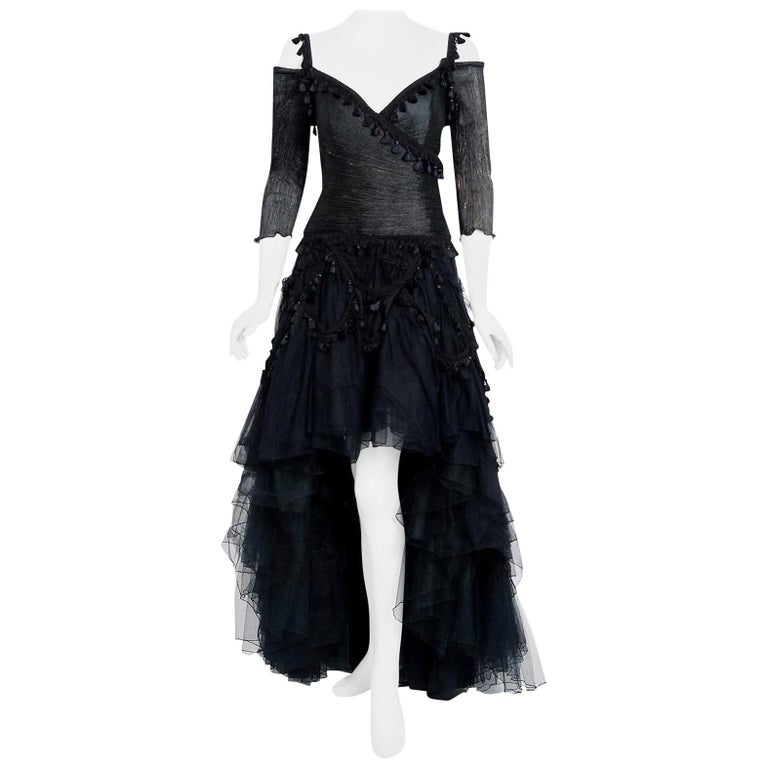 Vintage 1990's Zandra Rhodes Tulle Tassel Fringe Bare Shoulder High-Low Gown For Sale