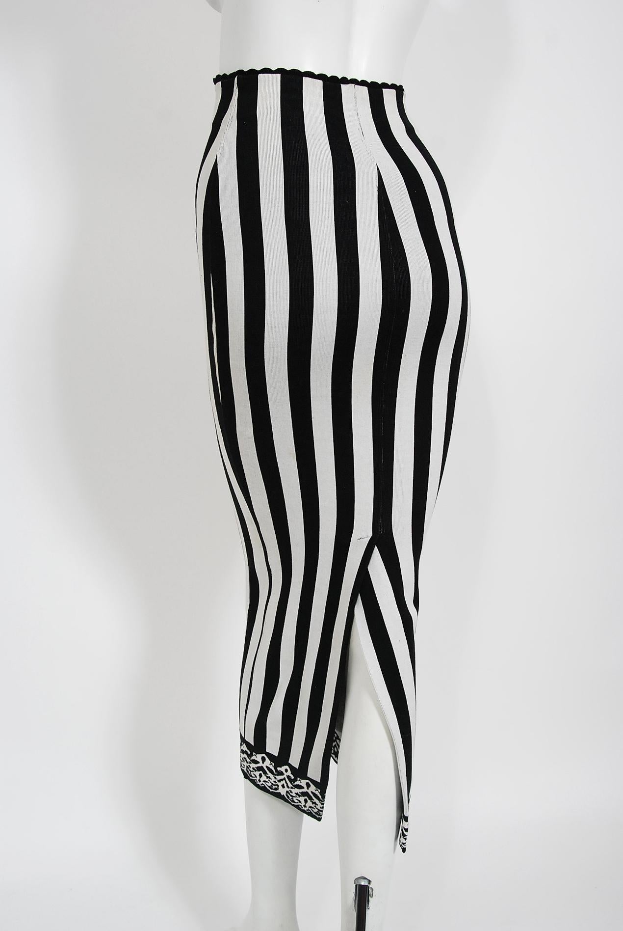 Vintage 1992 Azzedine Alaia Black & White Stripe Knit High-Waist Hourglass Skirt 6