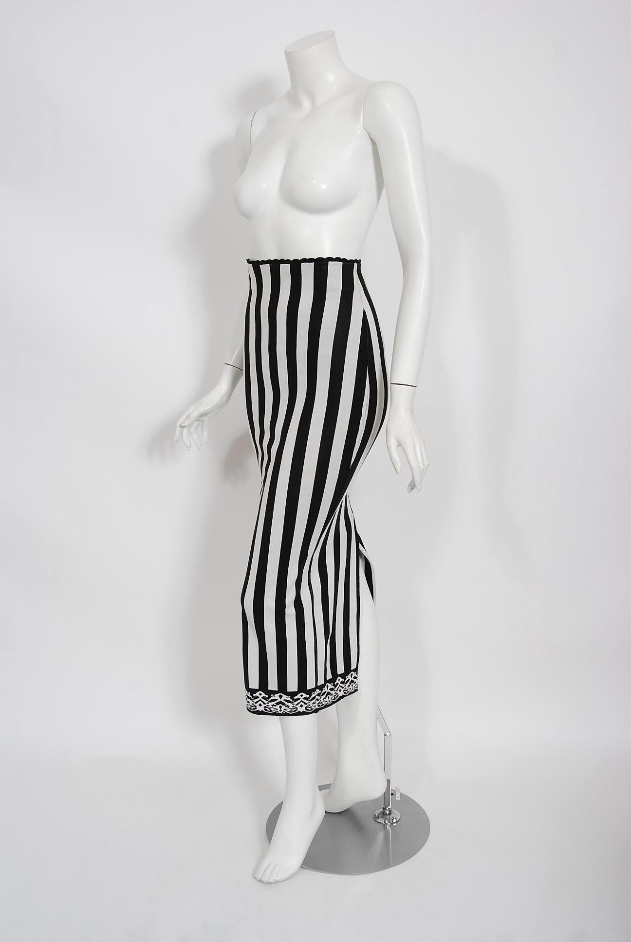 Gray Vintage 1992 Azzedine Alaia Black & White Stripe Knit High-Waist Hourglass Skirt