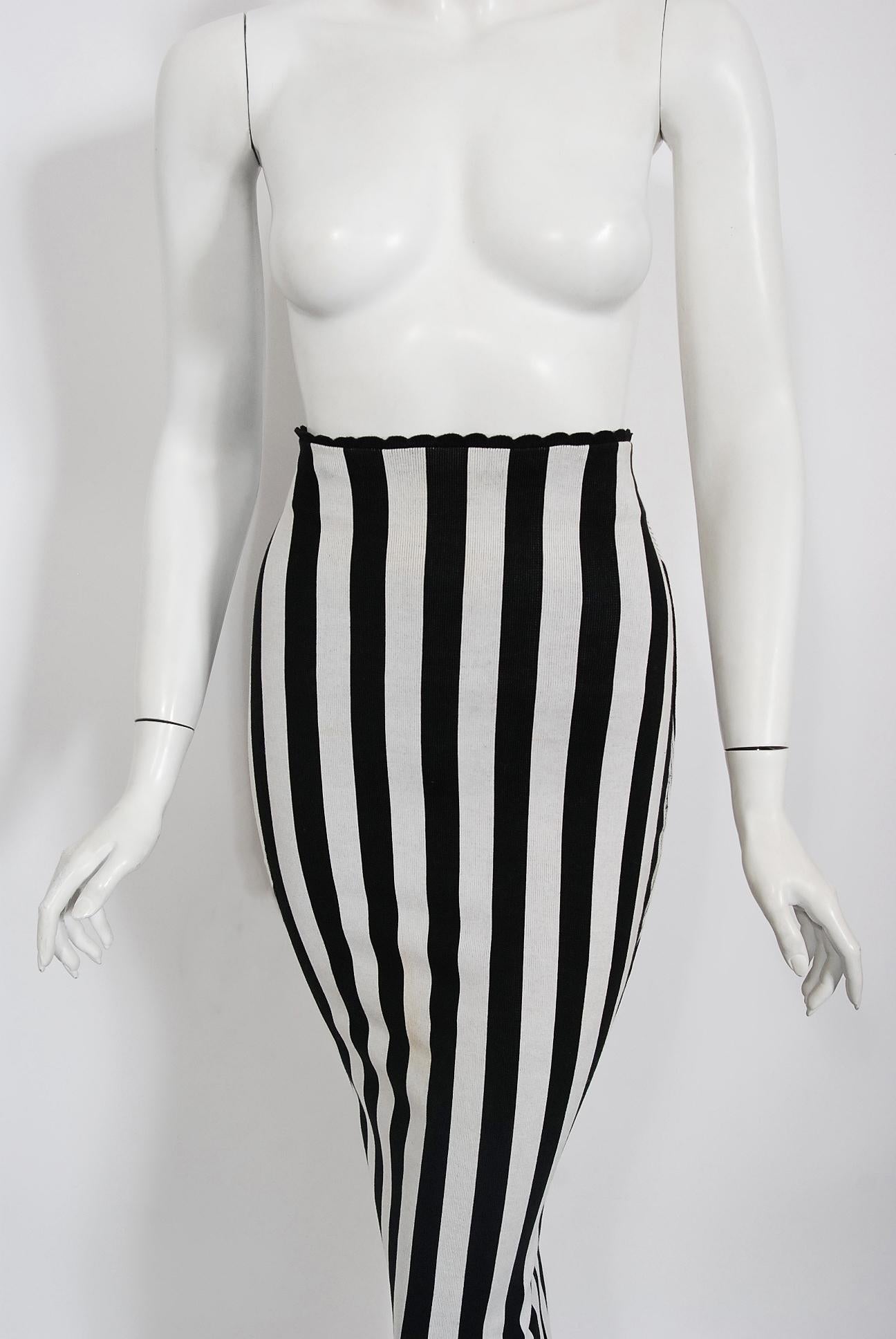 Vintage 1992 Azzedine Alaia Black & White Stripe Knit High-Waist Hourglass Skirt In Good Condition In Beverly Hills, CA