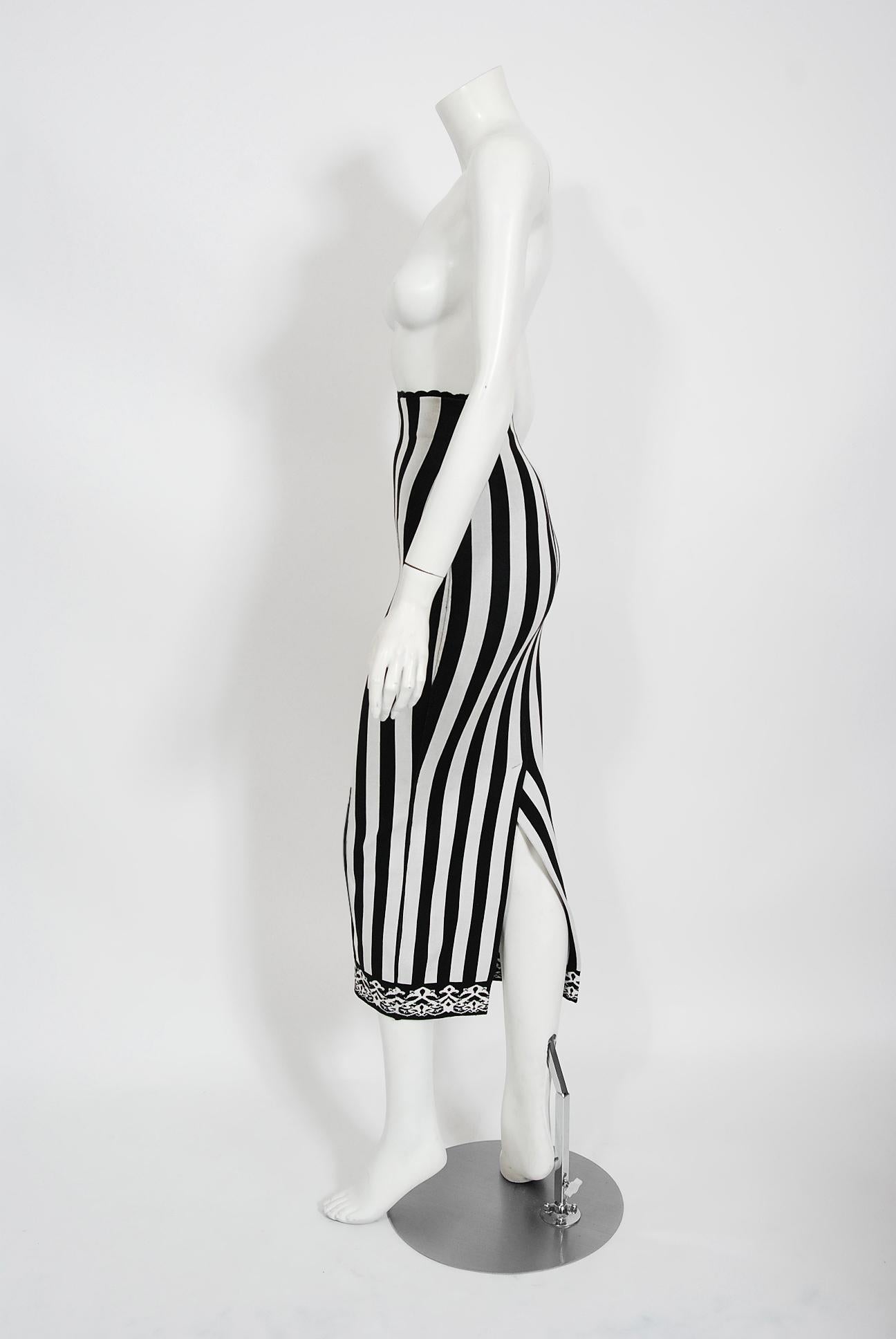 Vintage 1992 Azzedine Alaia Black & White Stripe Knit High-Waist Hourglass Skirt 1