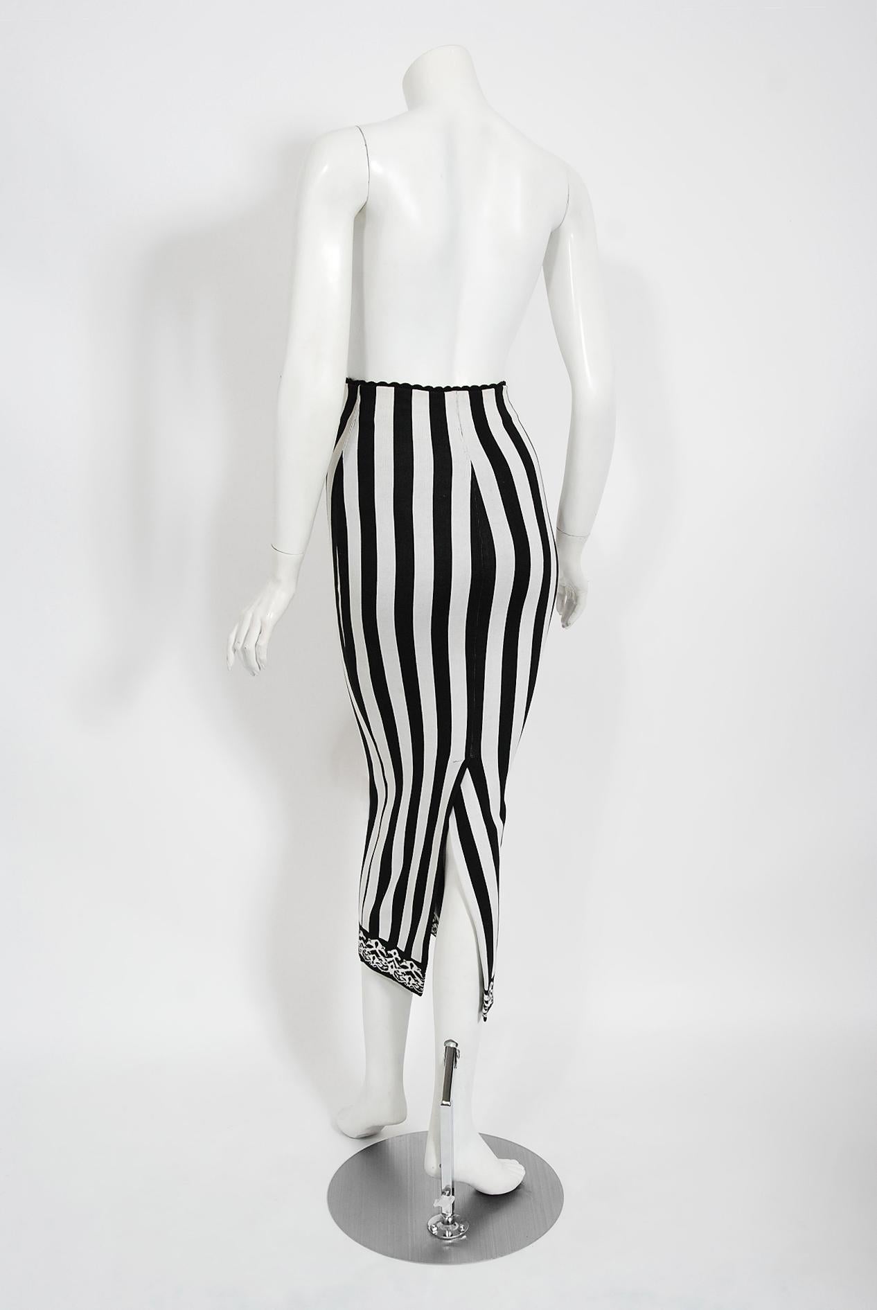 Vintage 1992 Azzedine Alaia Black & White Stripe Knit High-Waist Hourglass Skirt 3
