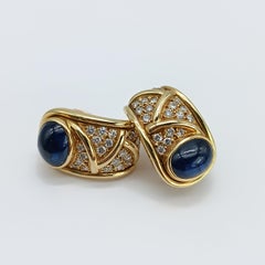 Vintage 1992 Cabochon Sapphire Diamond Omega Earrings in 18K Yellow Gold