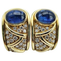 Vintage 1992 Cabochon Sapphire Diamond Omega Earrings in 18K Yellow Gold