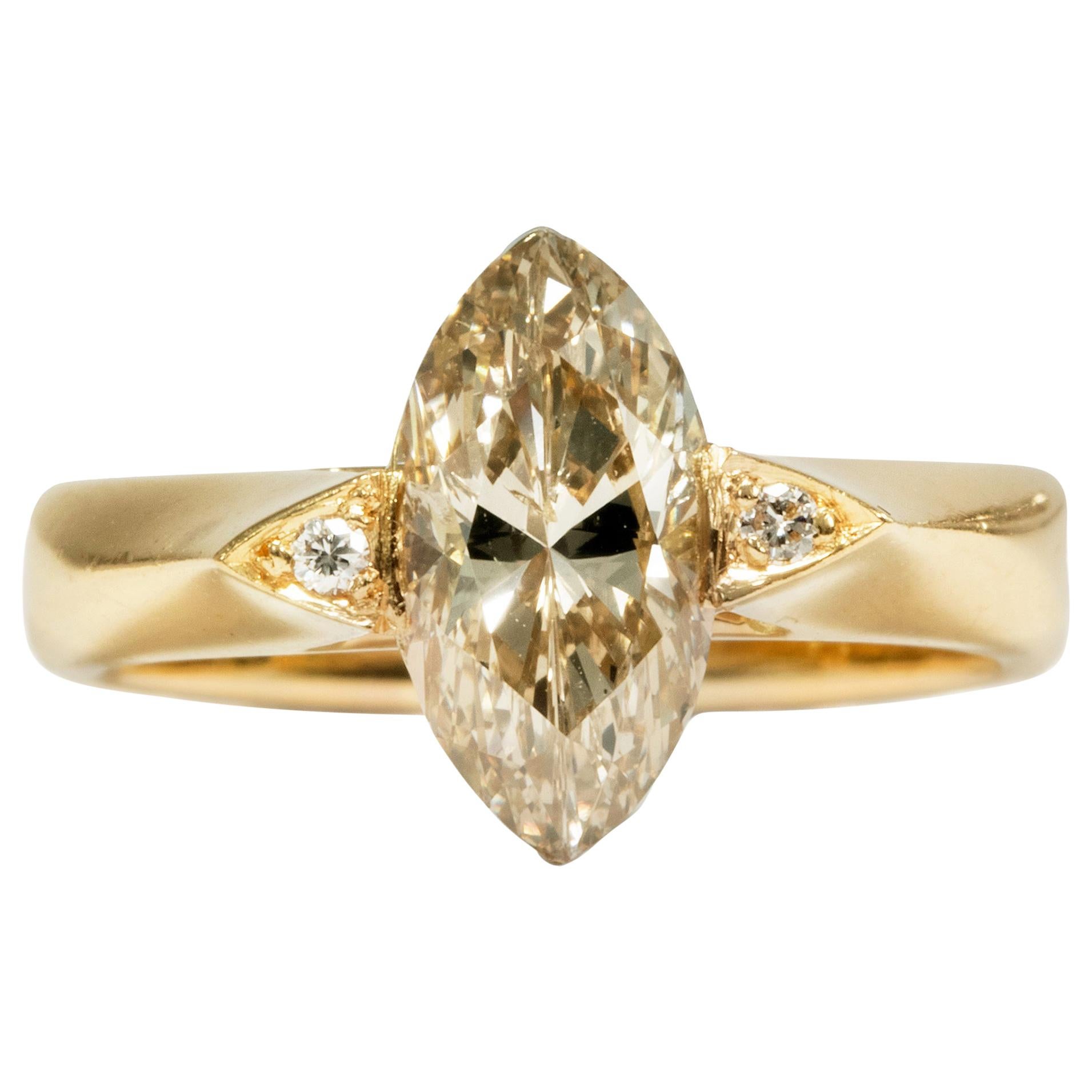 Vintage 1992, Certified 1.43 Carat Marquise Champagne Argyle Diamond Gold Ring For Sale