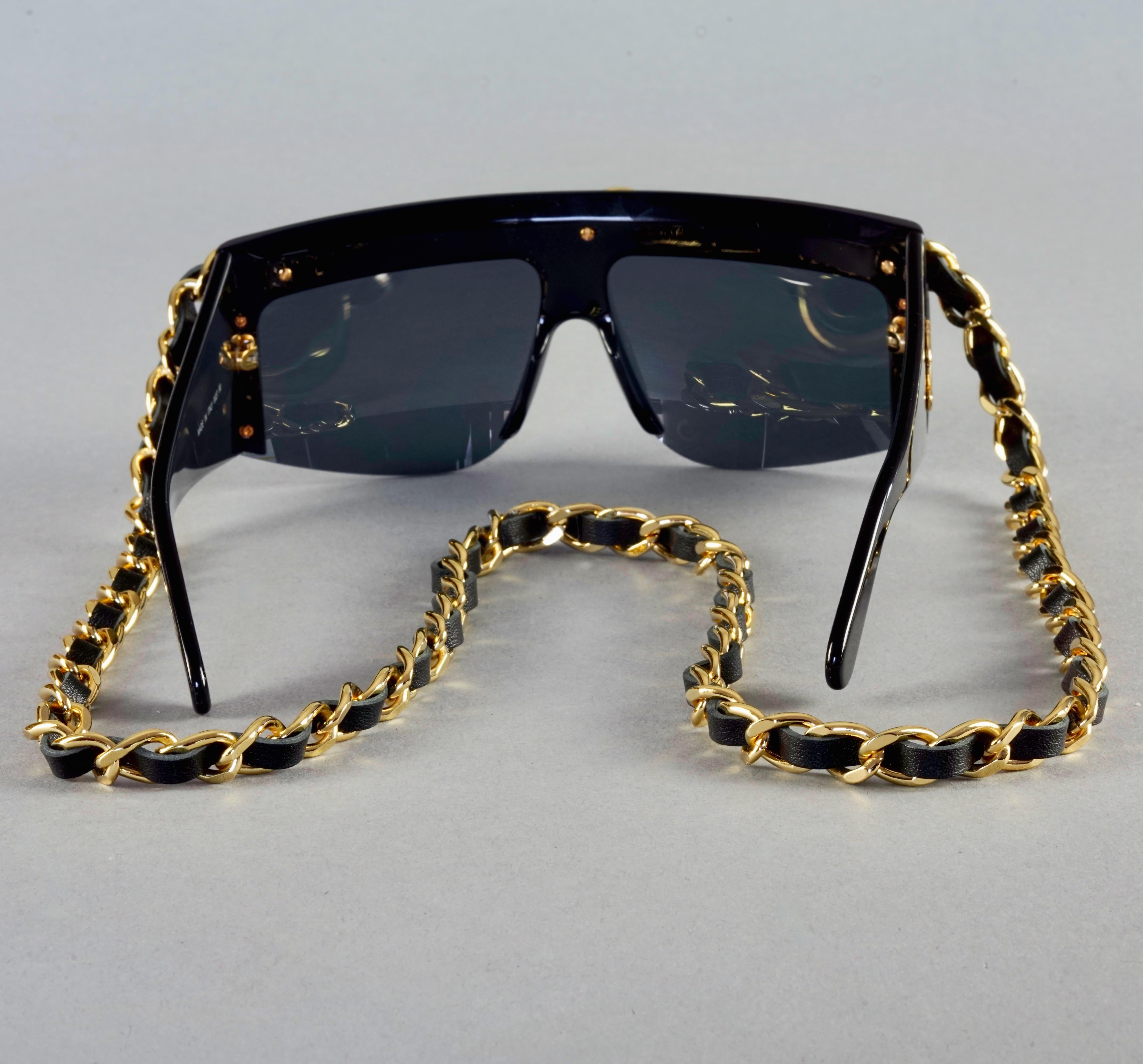 Vintage 1992 CHANEL Iconic Logo Leather Chain Drop Sunglasses  For Sale 6