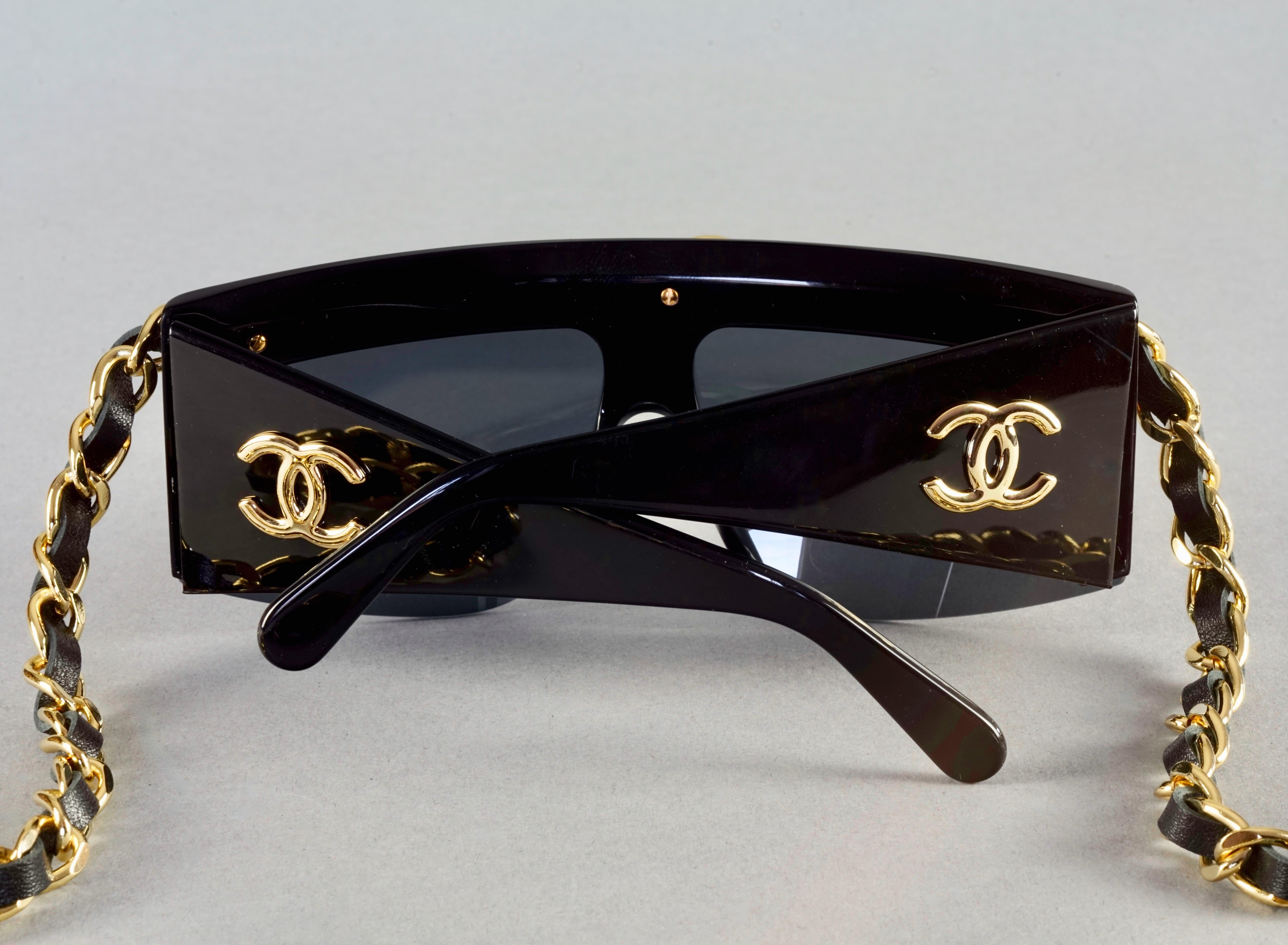 Vintage 1992 CHANEL Iconic Logo Leather Chain Drop Sunglasses  For Sale 7