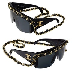 Vintage 1992 CHANEL Iconic Logo Leather Chain Drop Sunglasses