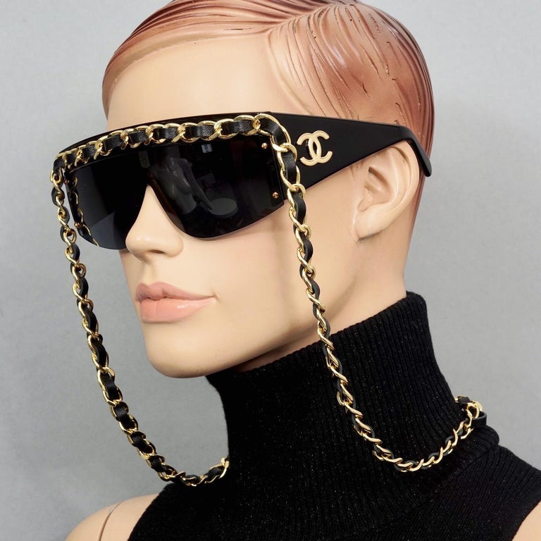 Vintage 1992 CHANEL Iconic Logo Leather Chain Drop Sunglasses For Sale ...