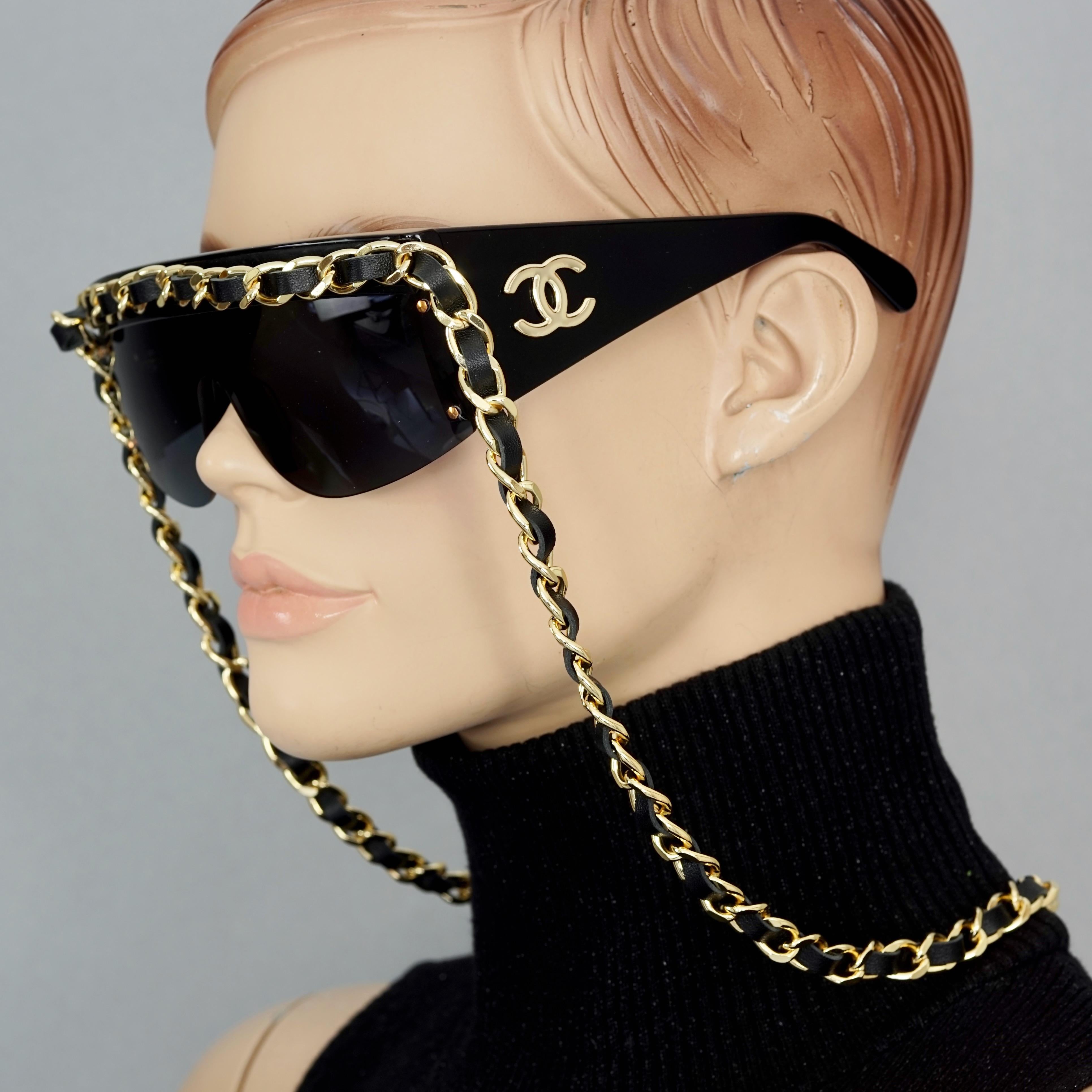Vintage 1992 CHANEL Iconic Logo Leather Chain Drop Sunglasses  For Sale 1