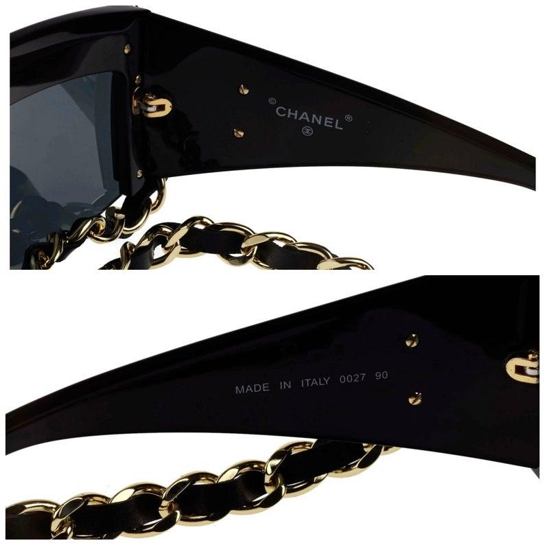 Black Vintage 1992 CHANEL Iconic Logo Leather Chain Drop Sunglasses