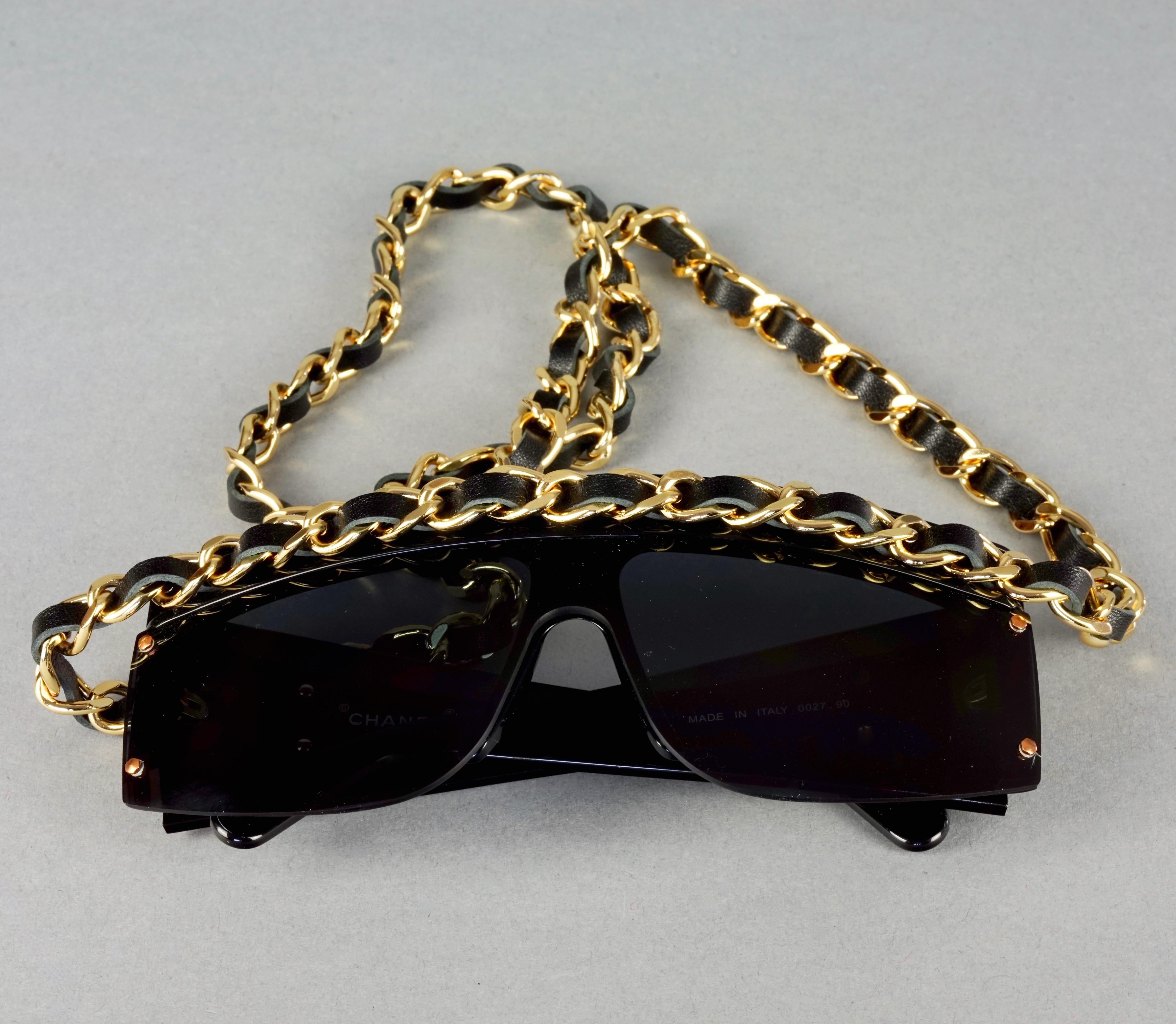 Vintage 1992 CHANEL Iconic Logo Leather Chain Drop Sunglasses  For Sale 3